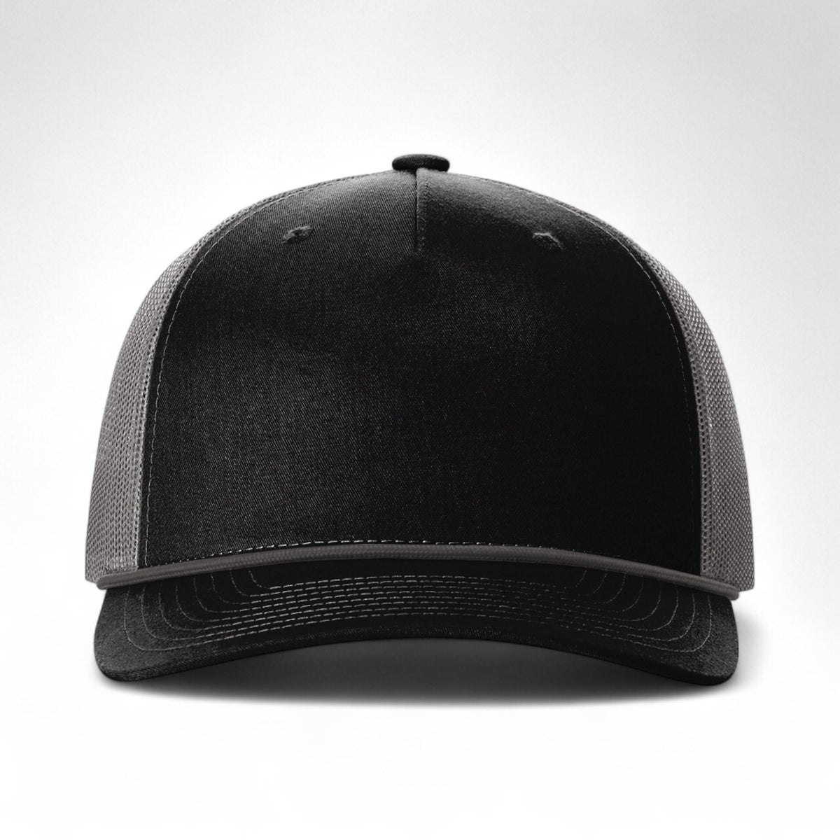 Front view of Richardson 112FPR custom hat in black and charcoal