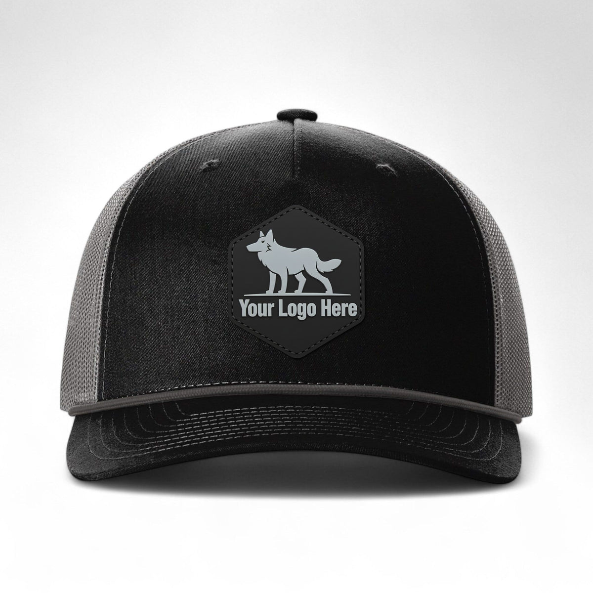 PVC patch preview of Richardson 112FPR custom hat in black and charcoal