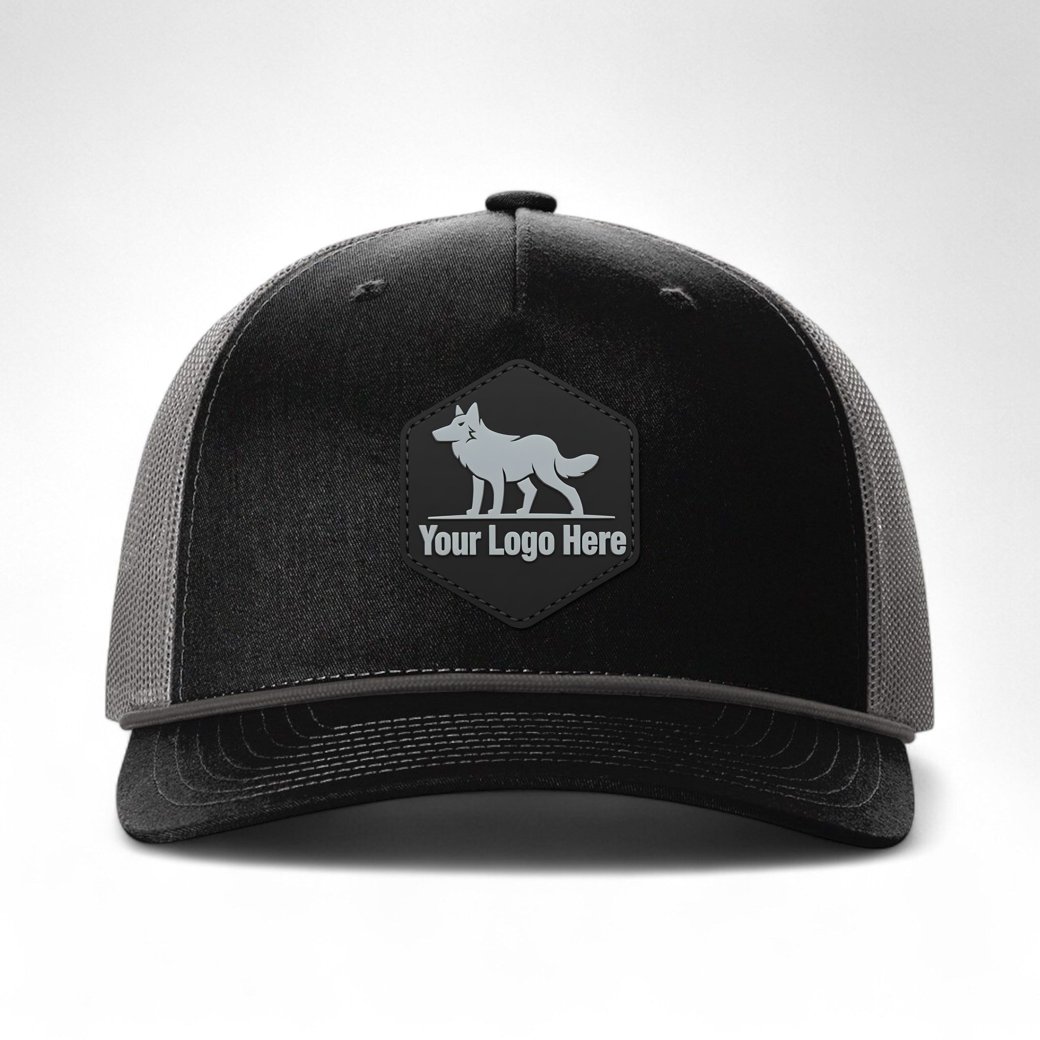 PVC patch preview of Richardson 112FPR custom hat in black and charcoal