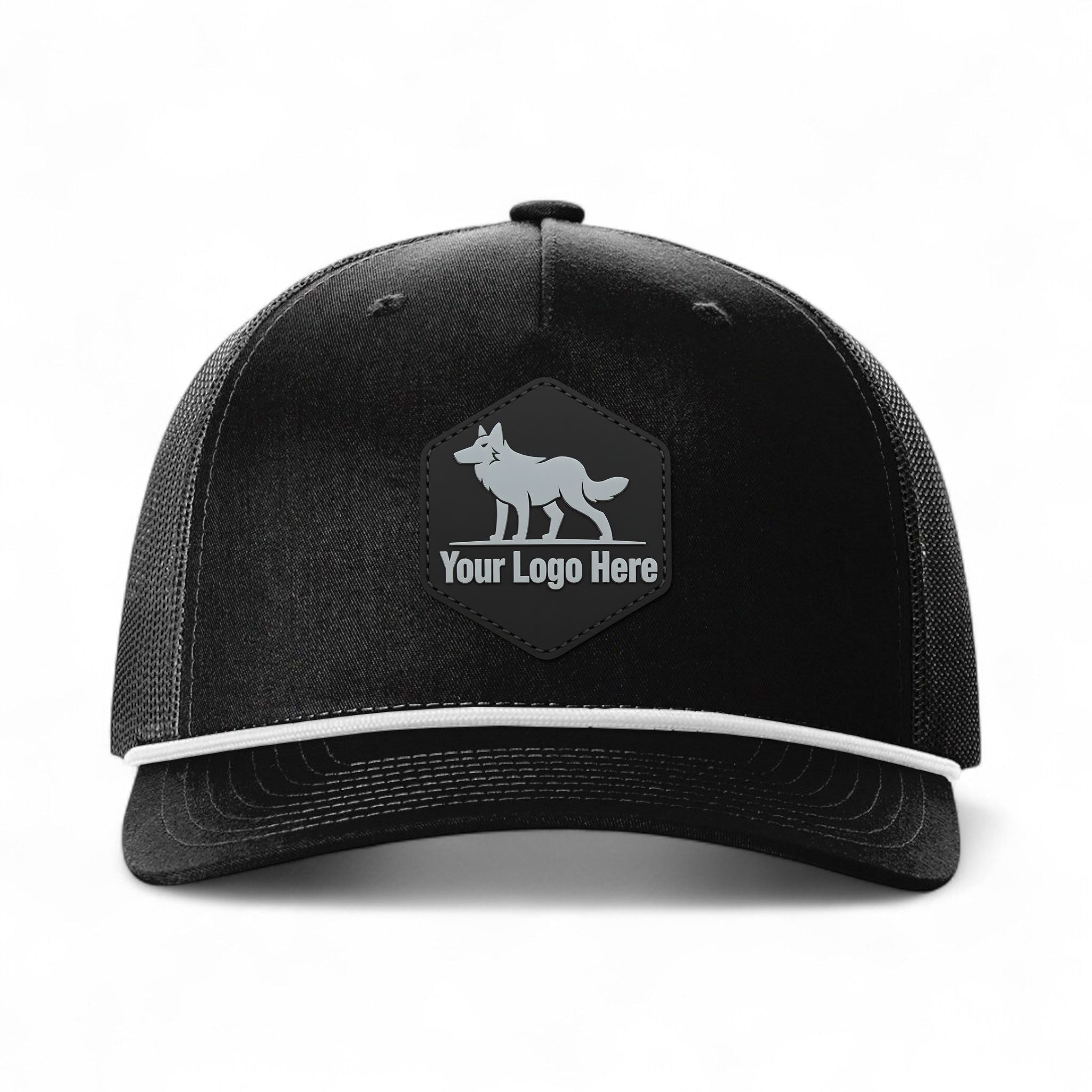 PVC patch preview of Richardson 112FPR custom hat in black and white