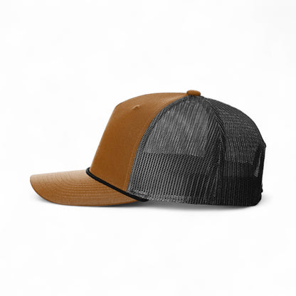 Left side view of Richardson 112FPR custom hat in caramel and black