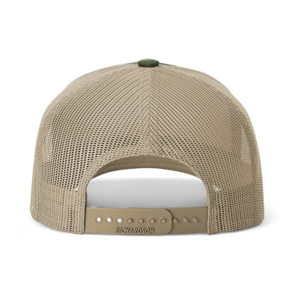 Back view of Richardson 112FP custom hat in army olive green and tan