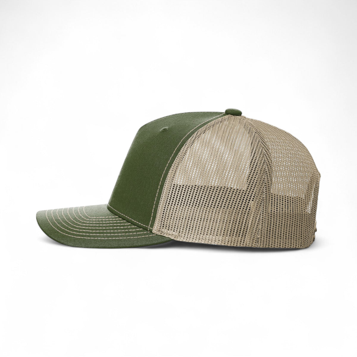 Left side view of Richardson 112FP custom hat in army olive green and tan