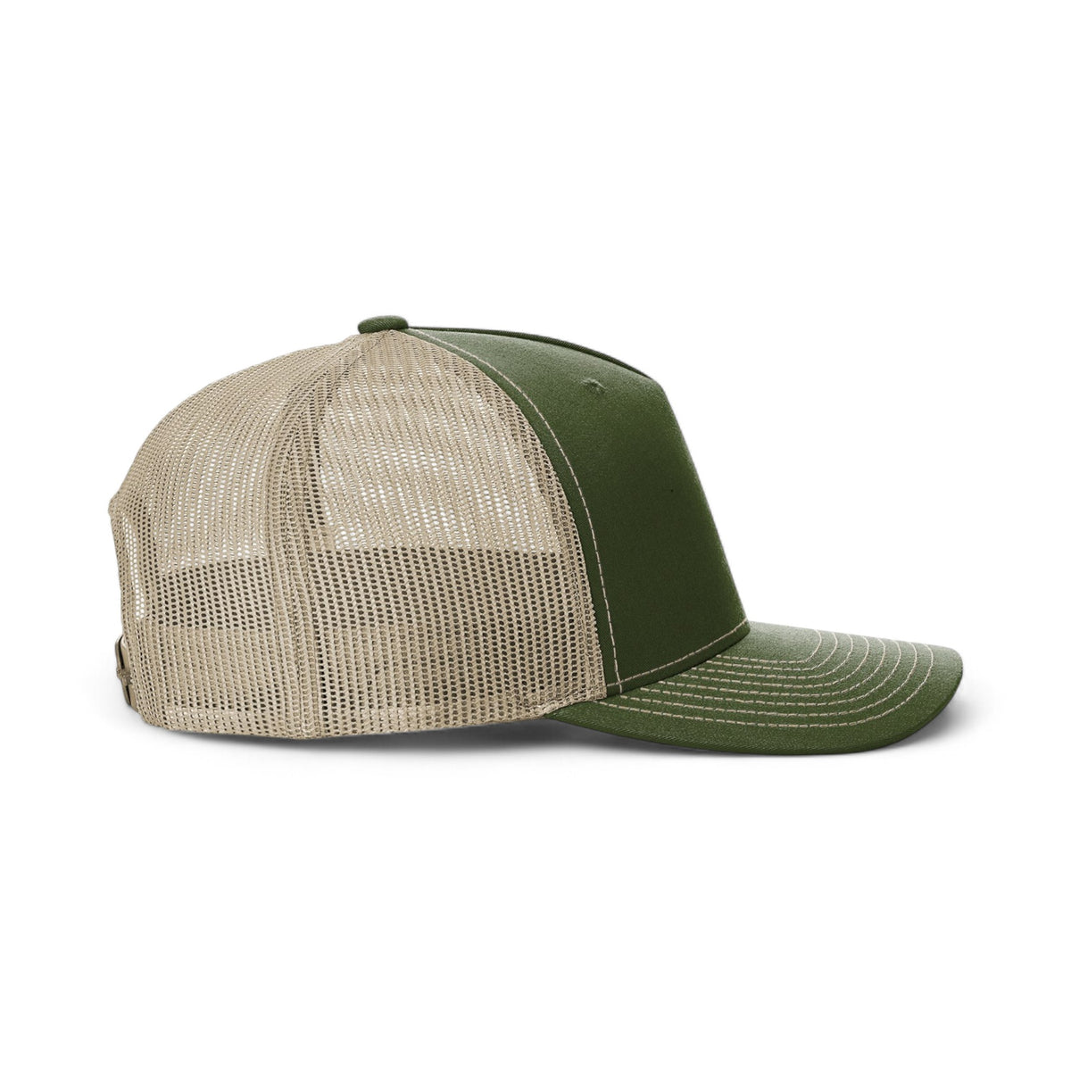 Right side view of Richardson 112FP custom hat in army olive green and tan