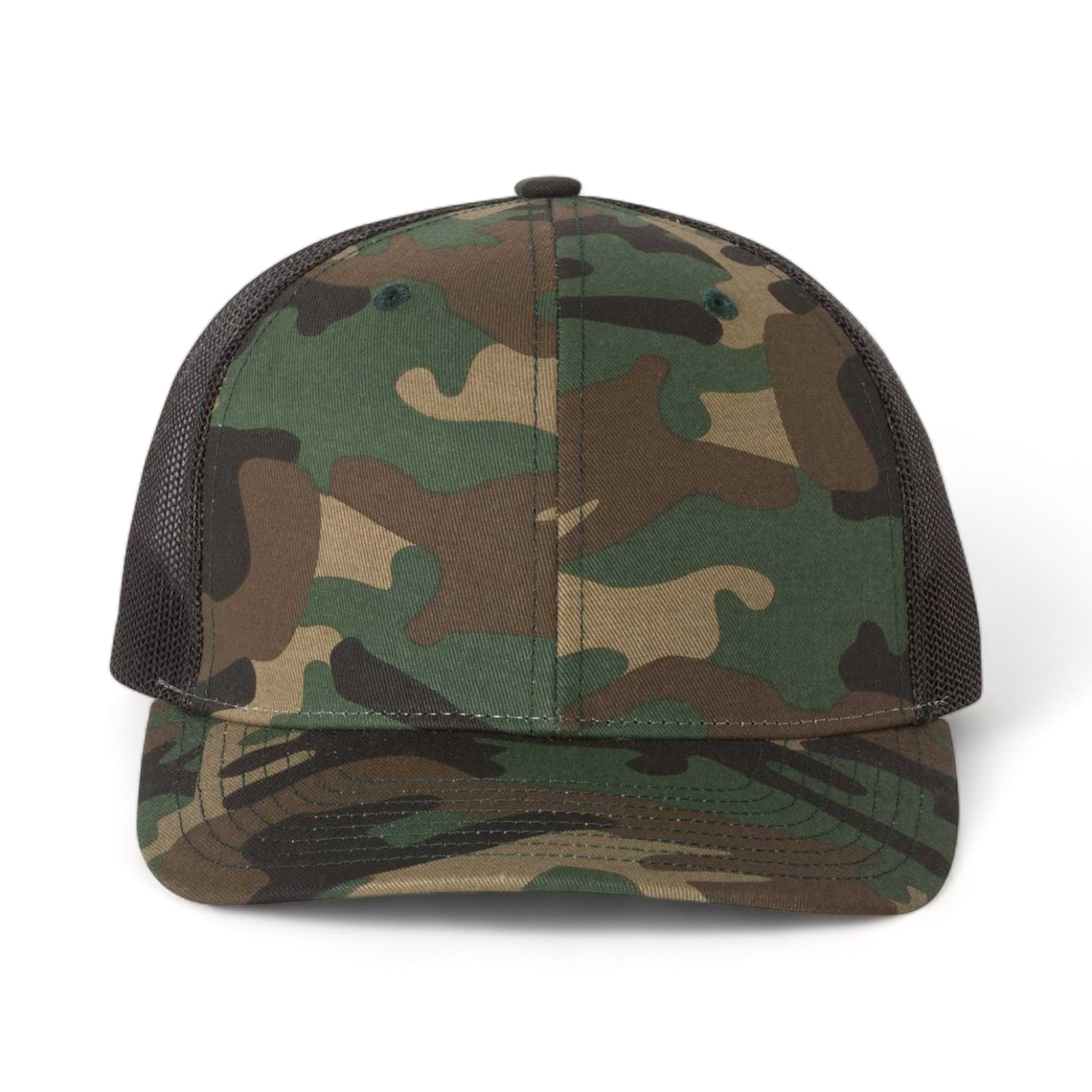 Front view of Richardson 112P custom hat in army camo and black