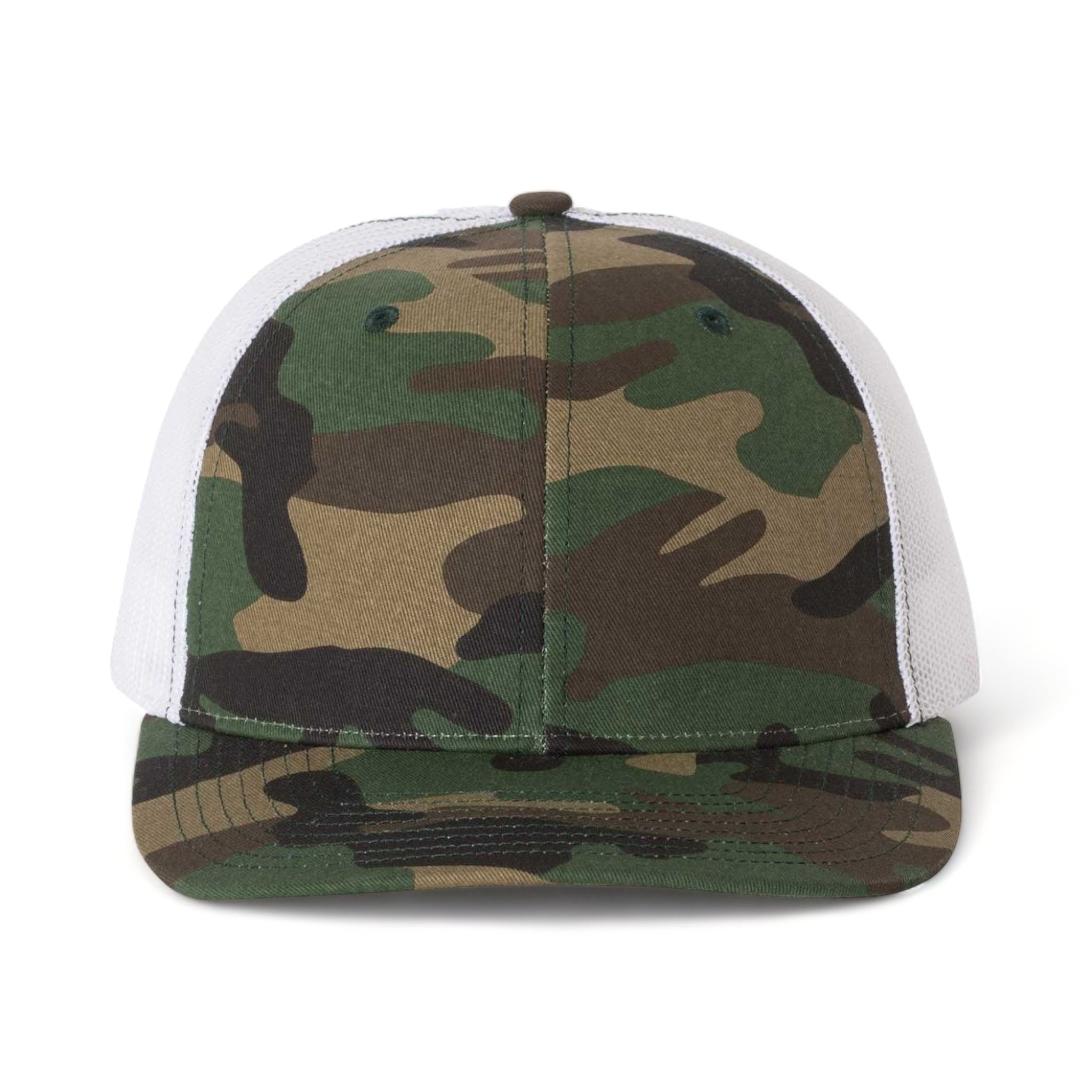 Front view of Richardson 112P custom hat in army camo and white