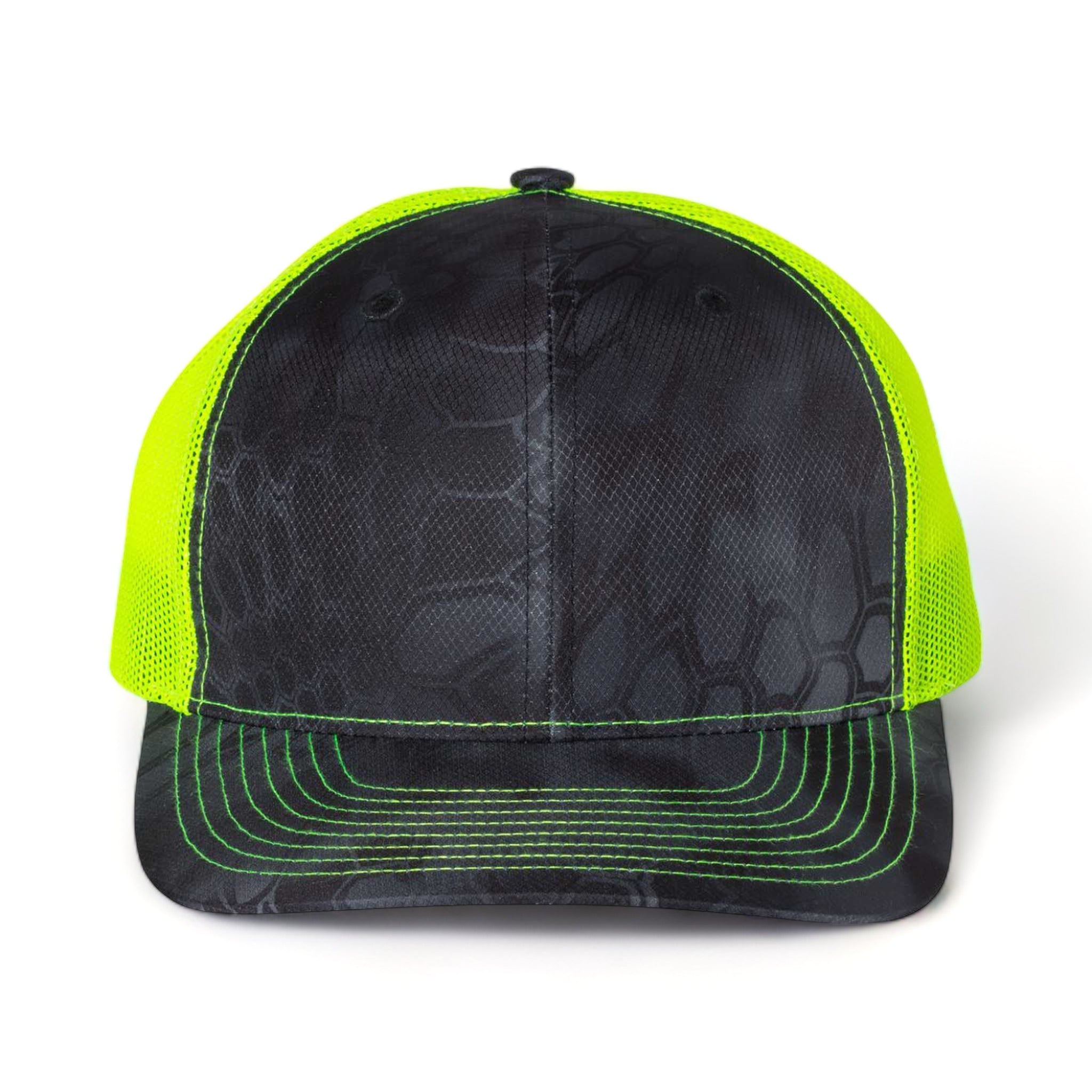 Front view of Richardson 112P custom hat in kryptek typhon and neon yellow
