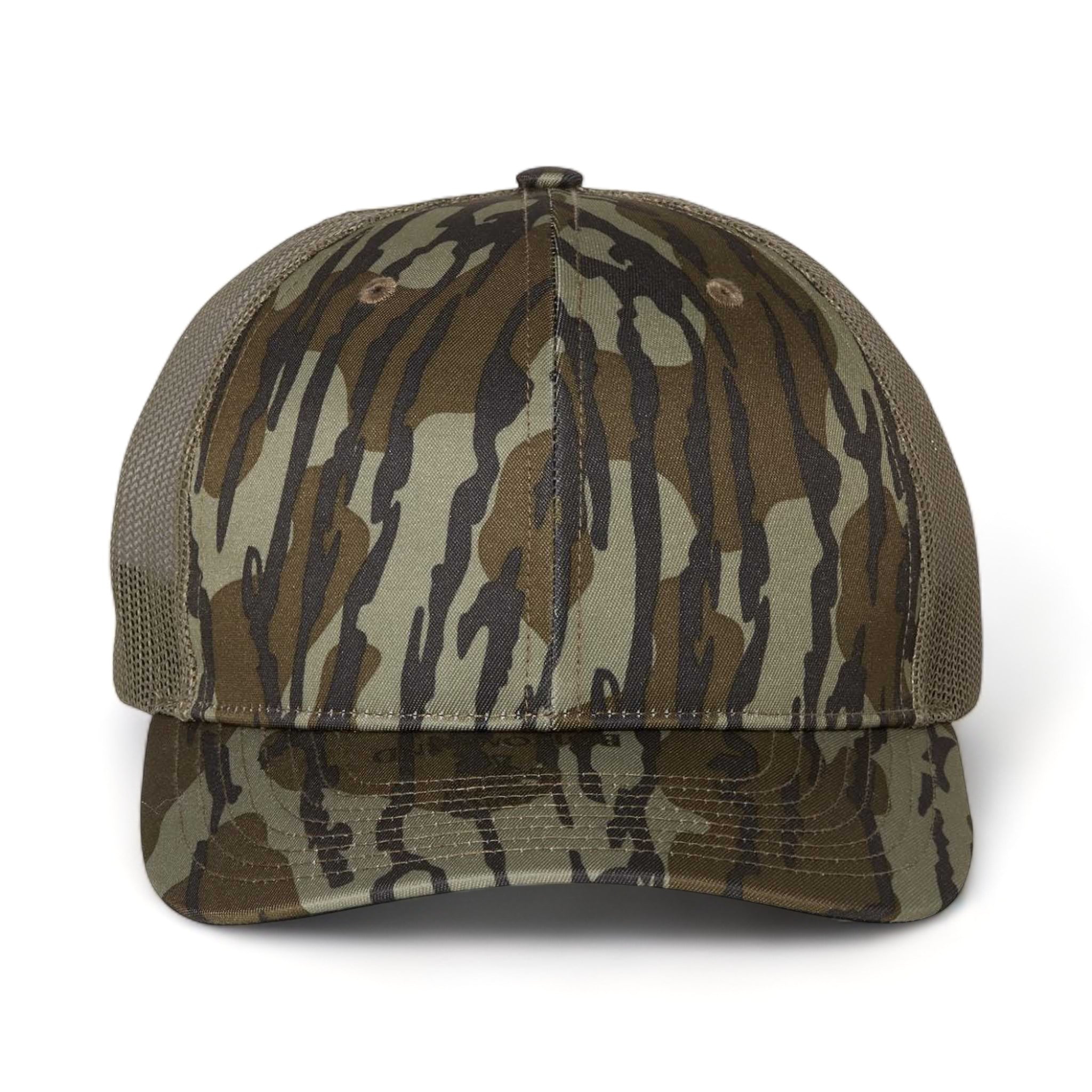 Front view of Richardson 112P custom hat in mossy oak bottomland and loden