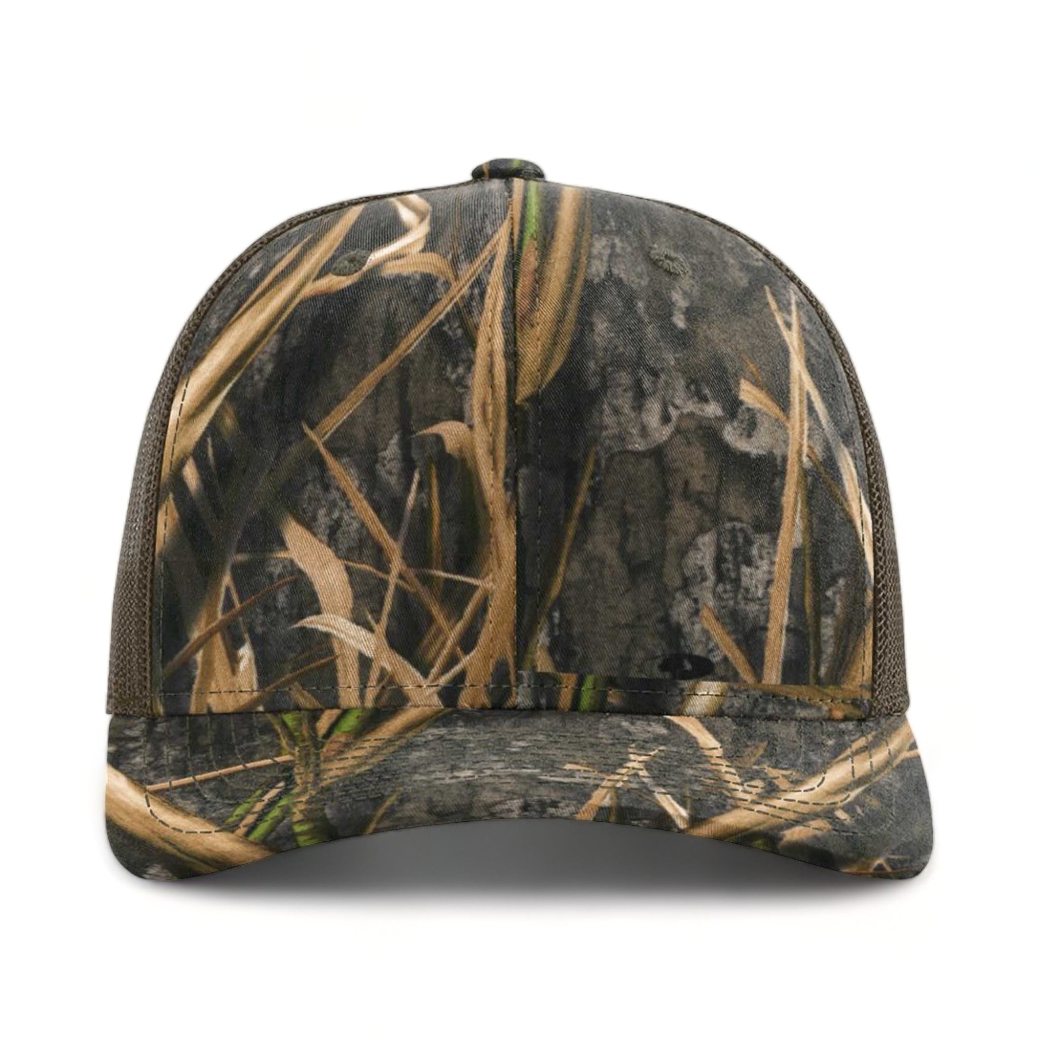 Front view of Richardson 112P custom hat in mossy oak habitat and brown