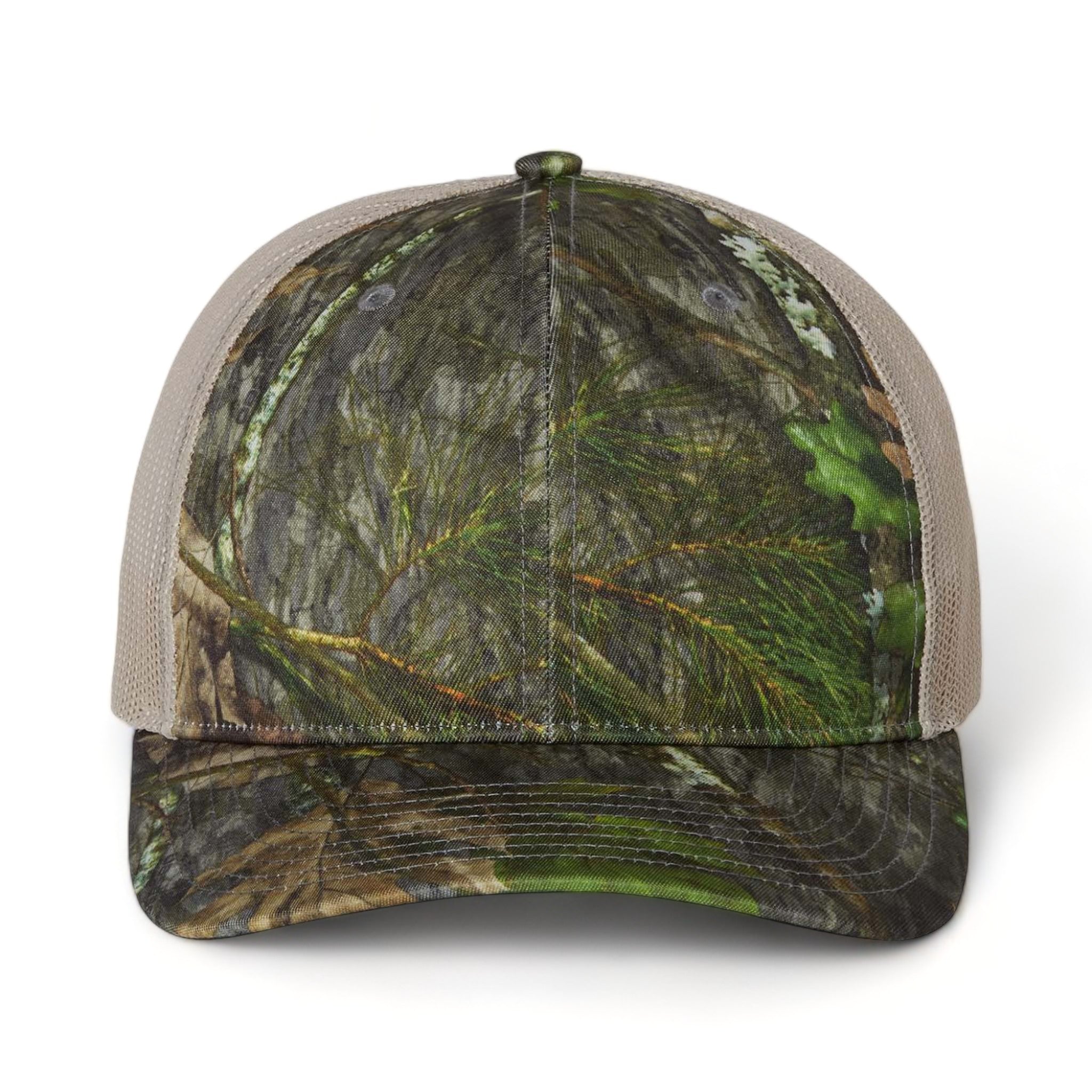 Front view of Richardson 112P custom hat in mossy oak obsession and khaki
