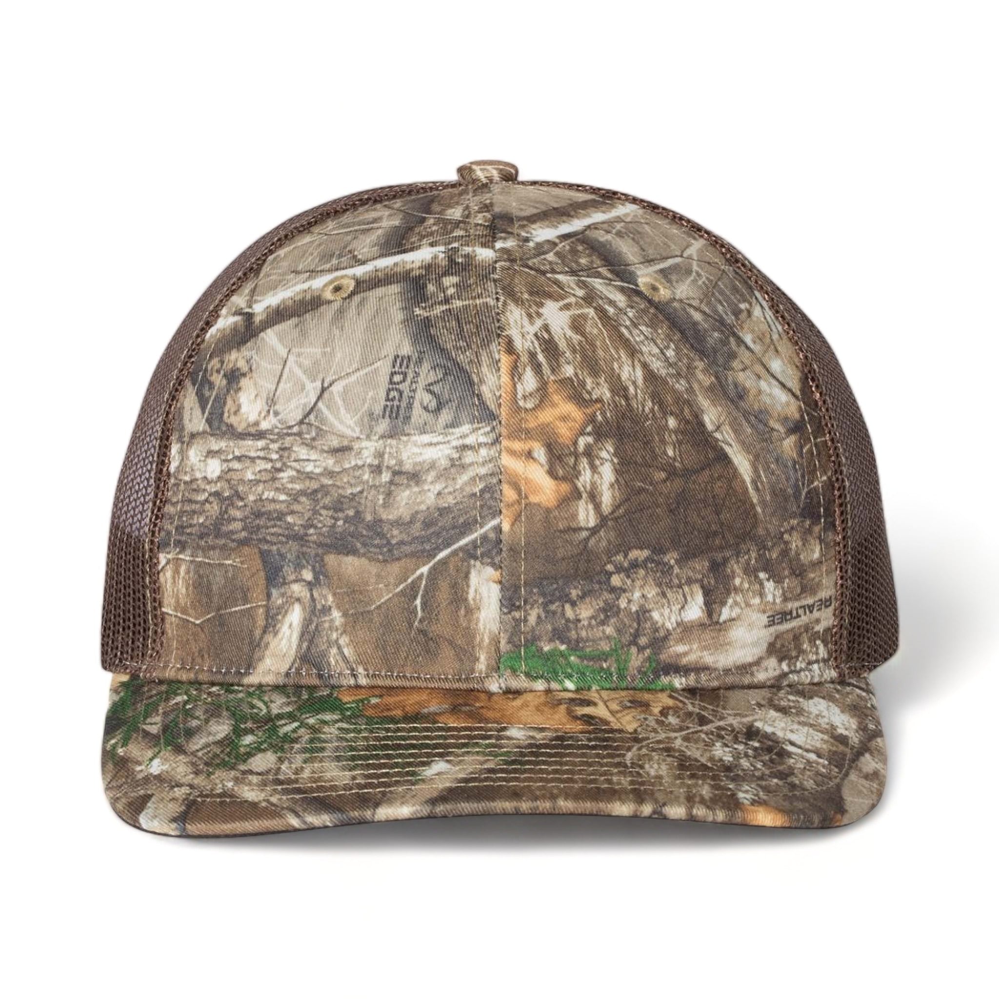 Front view of Richardson 112P custom hat in realtree edge and brown