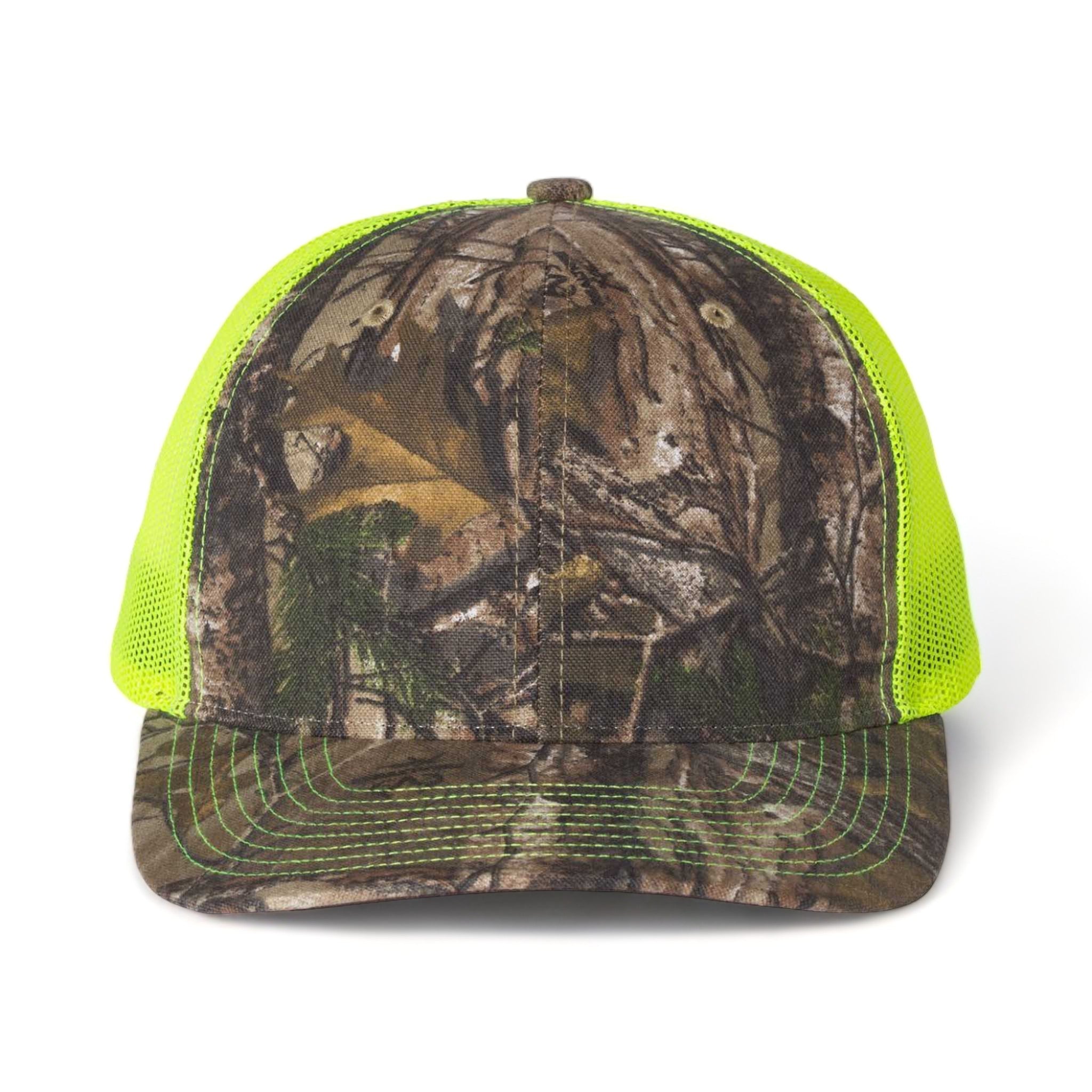 Front view of Richardson 112P custom hat in realtree edge and neon yellow