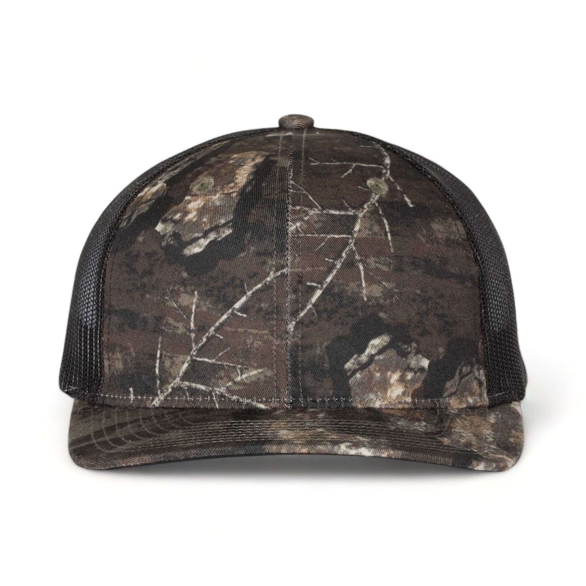 Front view of Richardson 112P custom hat in realtree timber and black
