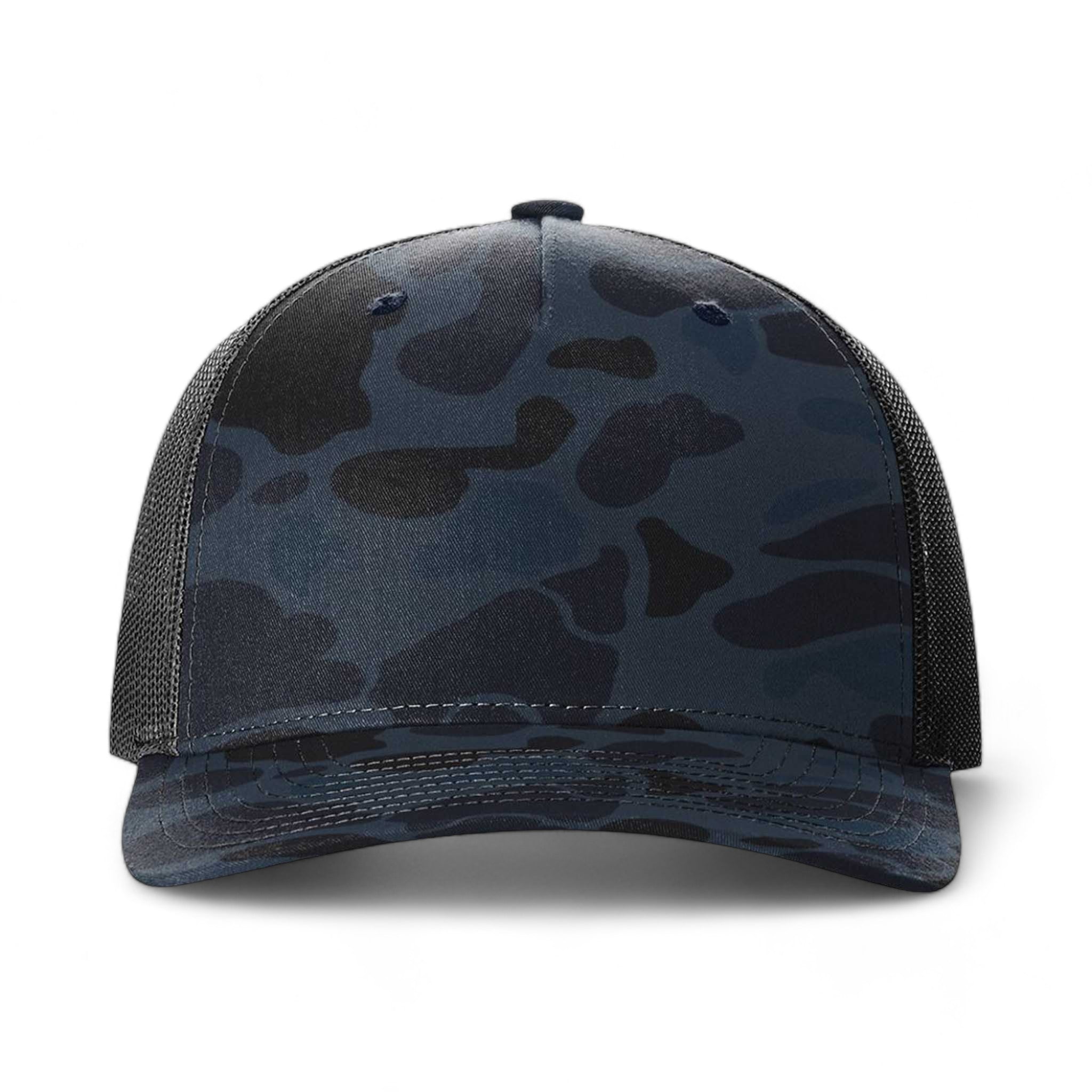Front view of Richardson 112PFP custom hat in admiral duck camo and black