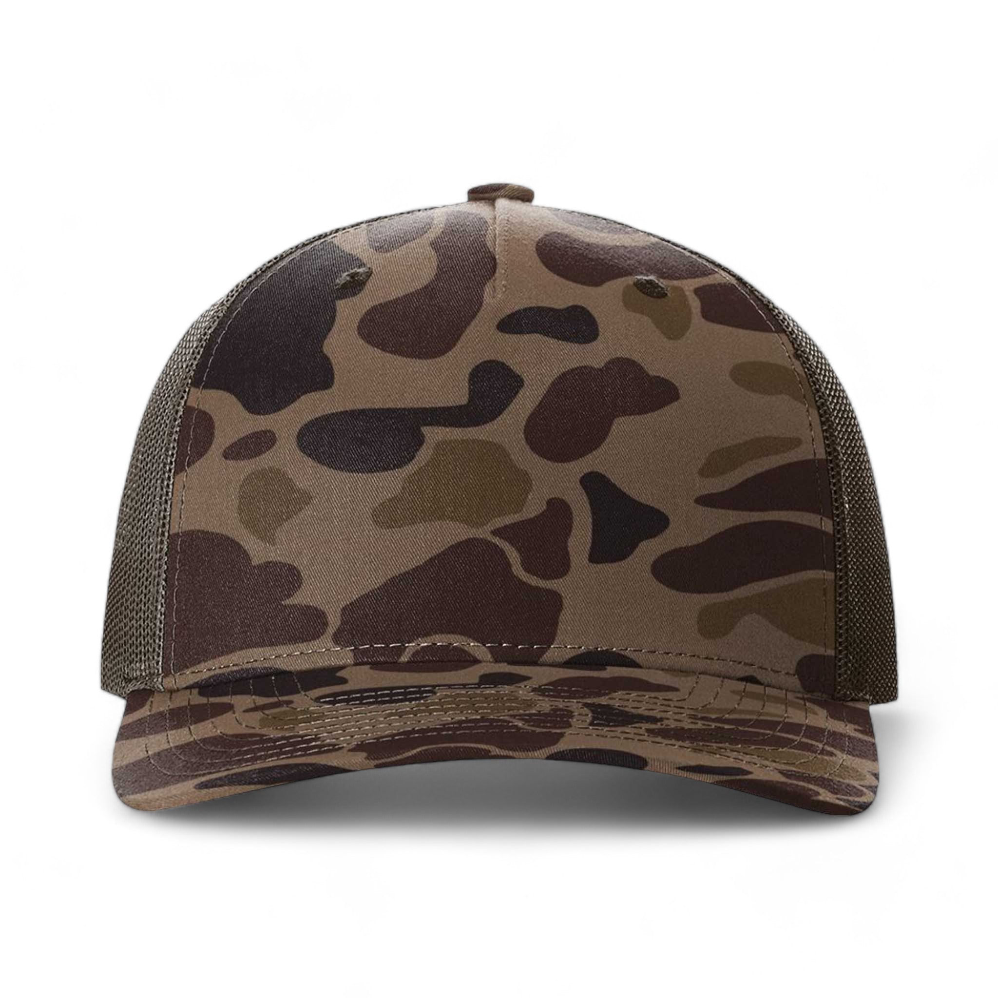 Front view of Richardson 112PFP custom hat in bark duck camo and brown