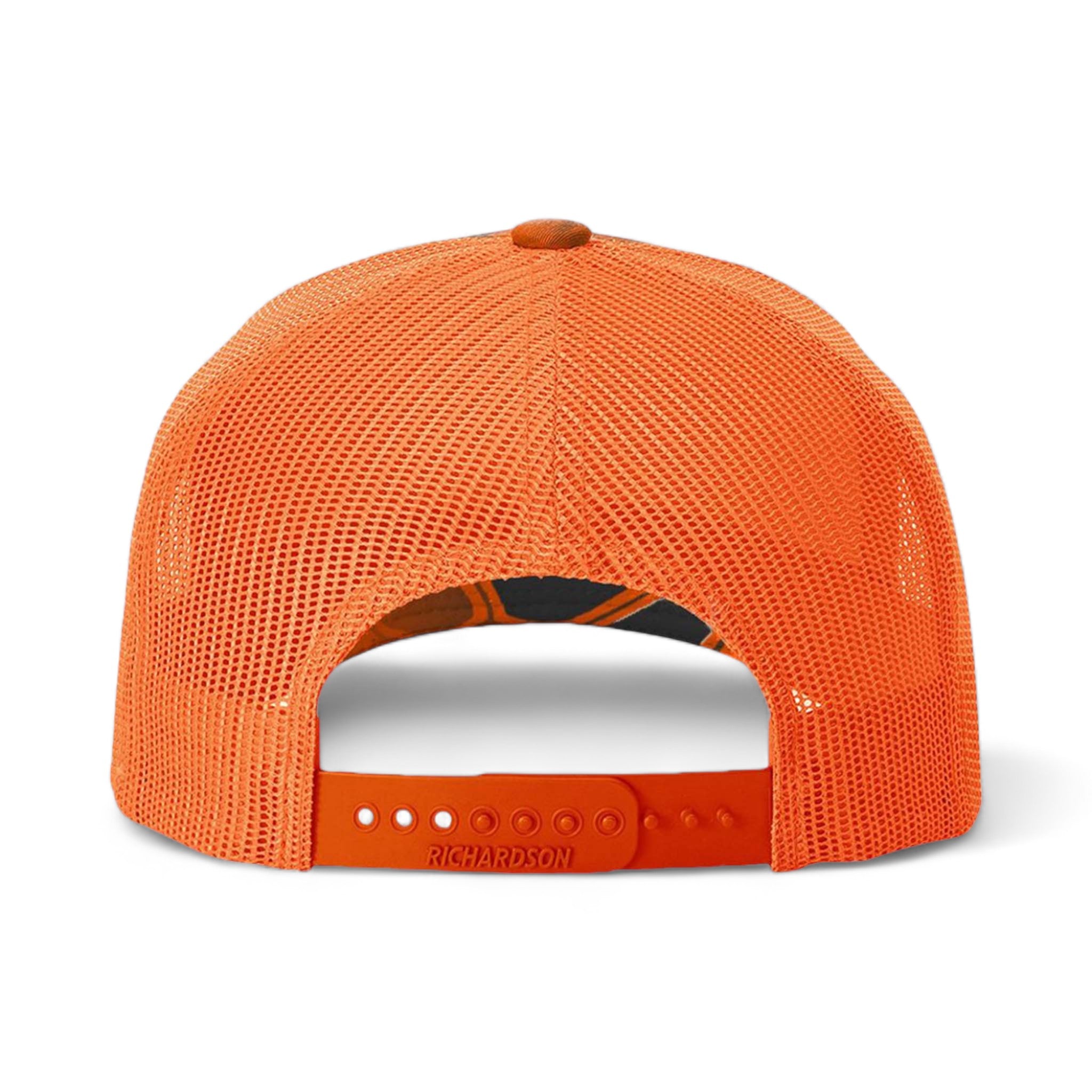 Back view of Richardson 112PFP custom hat in kryptek inferno and blaze orange