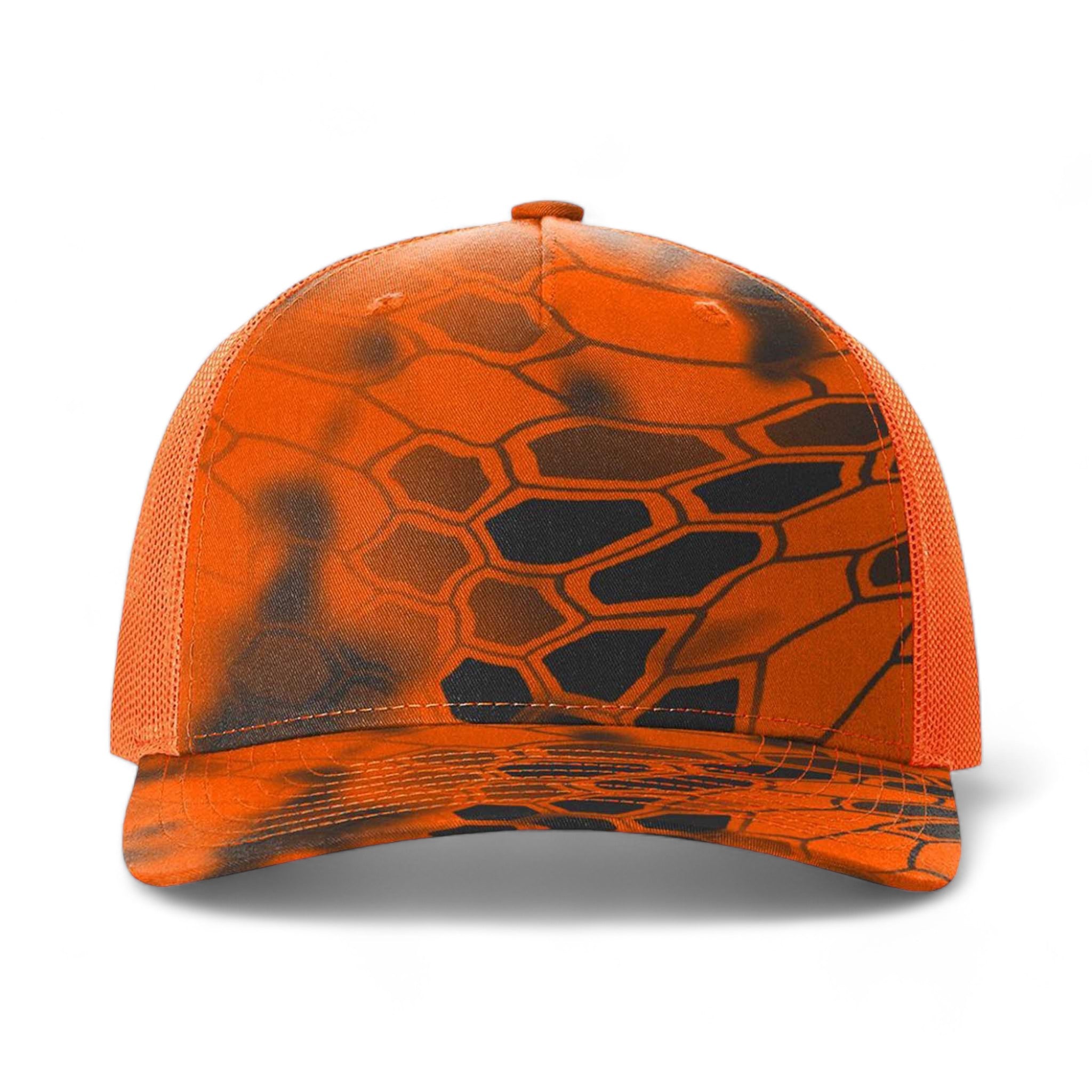 Front view of Richardson 112PFP custom hat in kryptek inferno and blaze orange