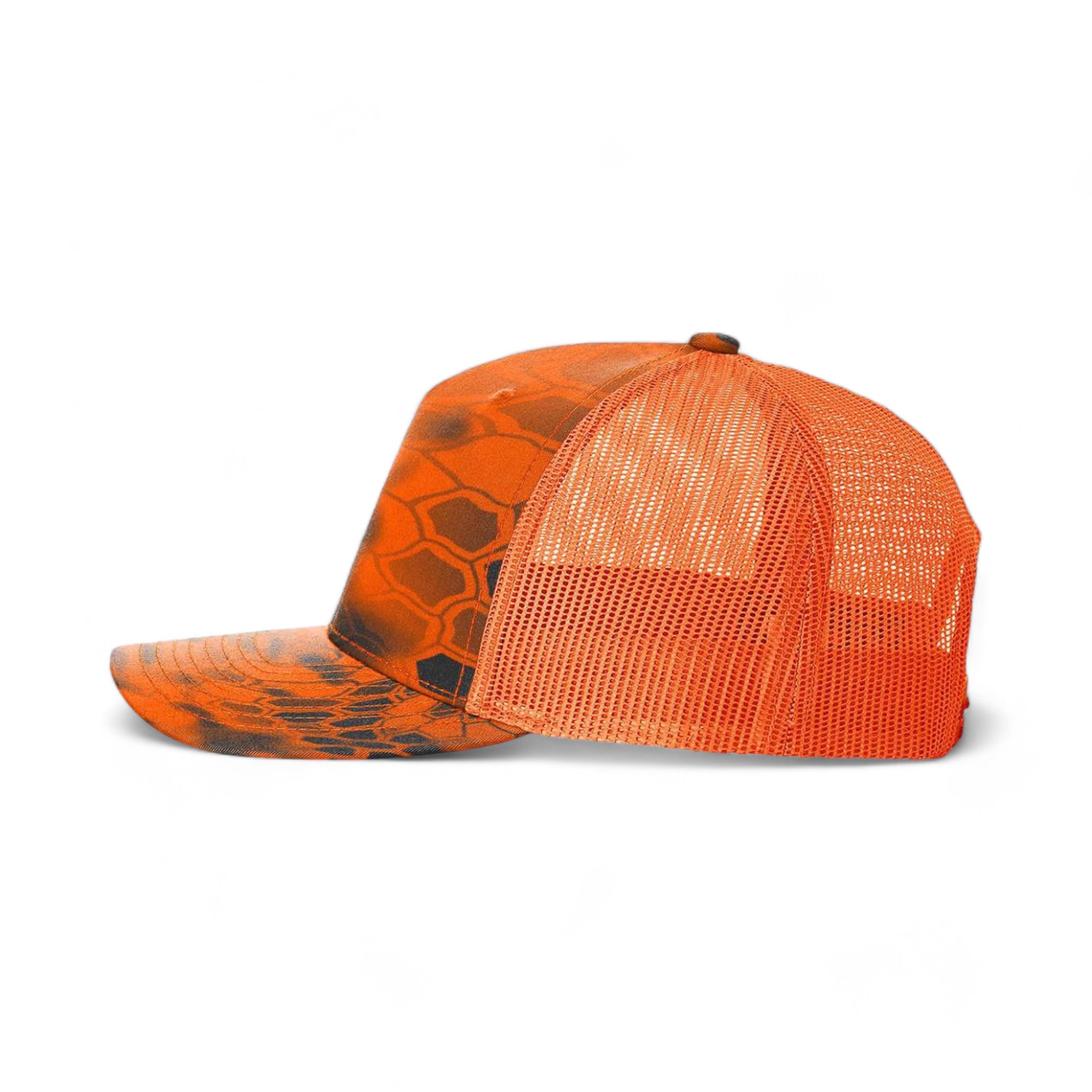 Side view of Richardson 112PFP custom hat in kryptek inferno and blaze orange
