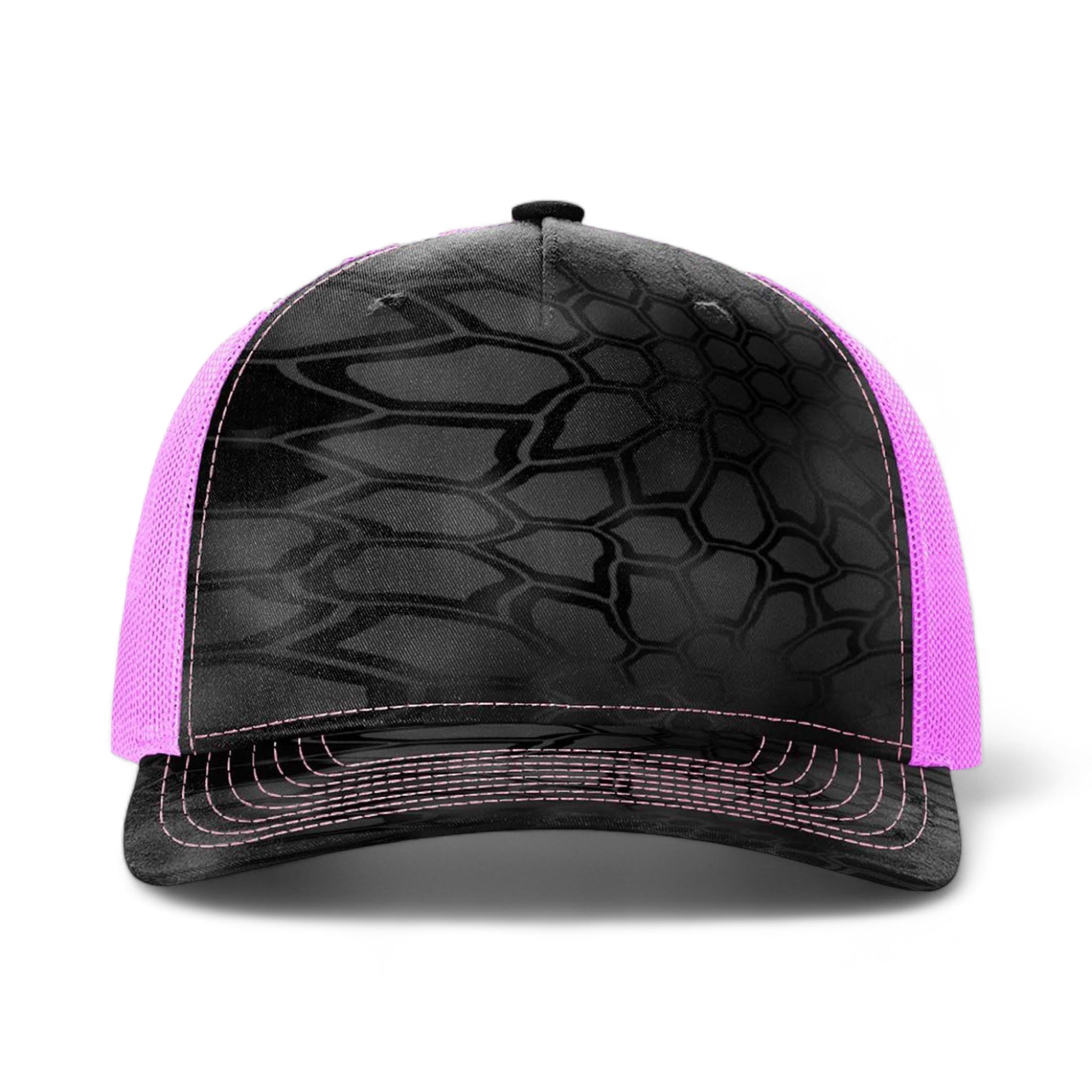 Front view of Richardson 112PFP custom hat in kryptek typhon and neon pink