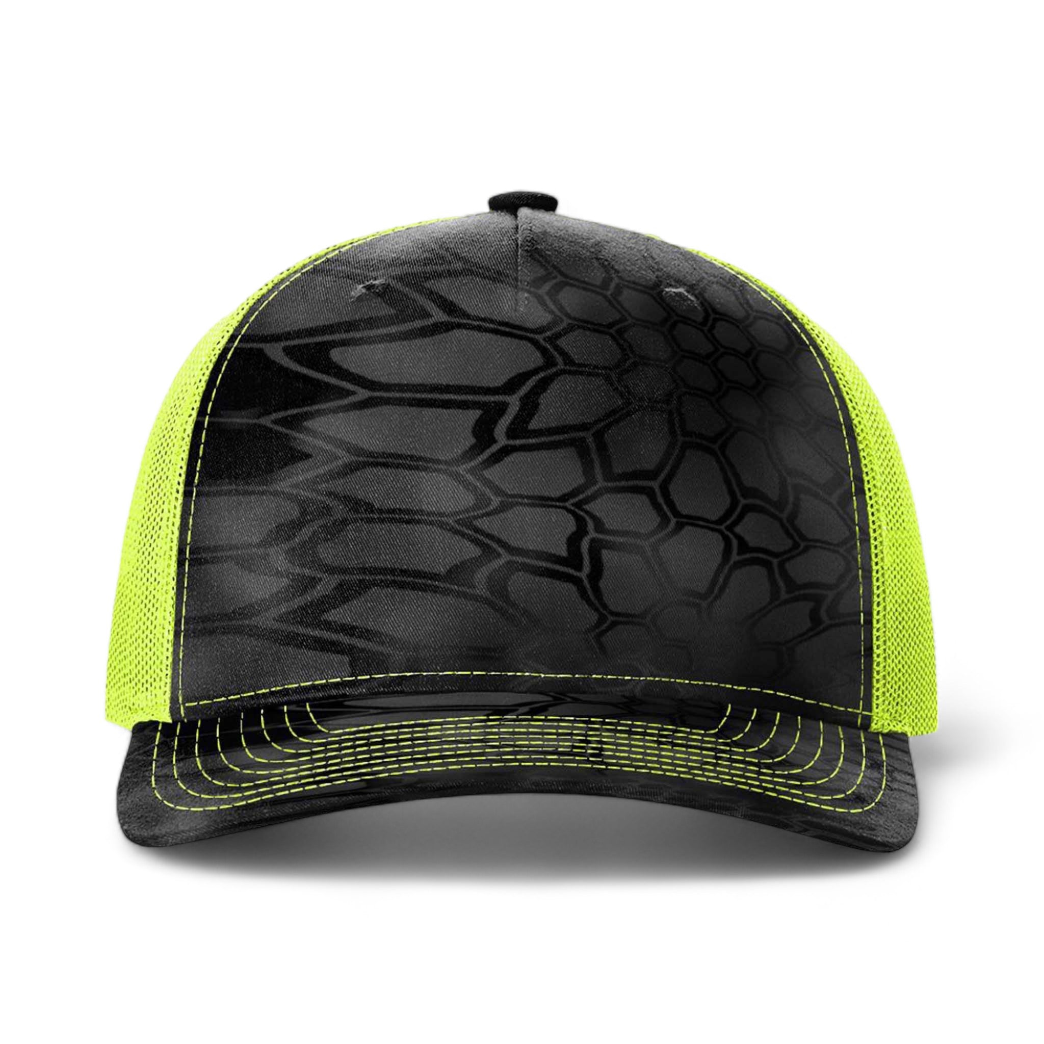 Front view of Richardson 112PFP custom hat in kryptek typhon and neon yellow
