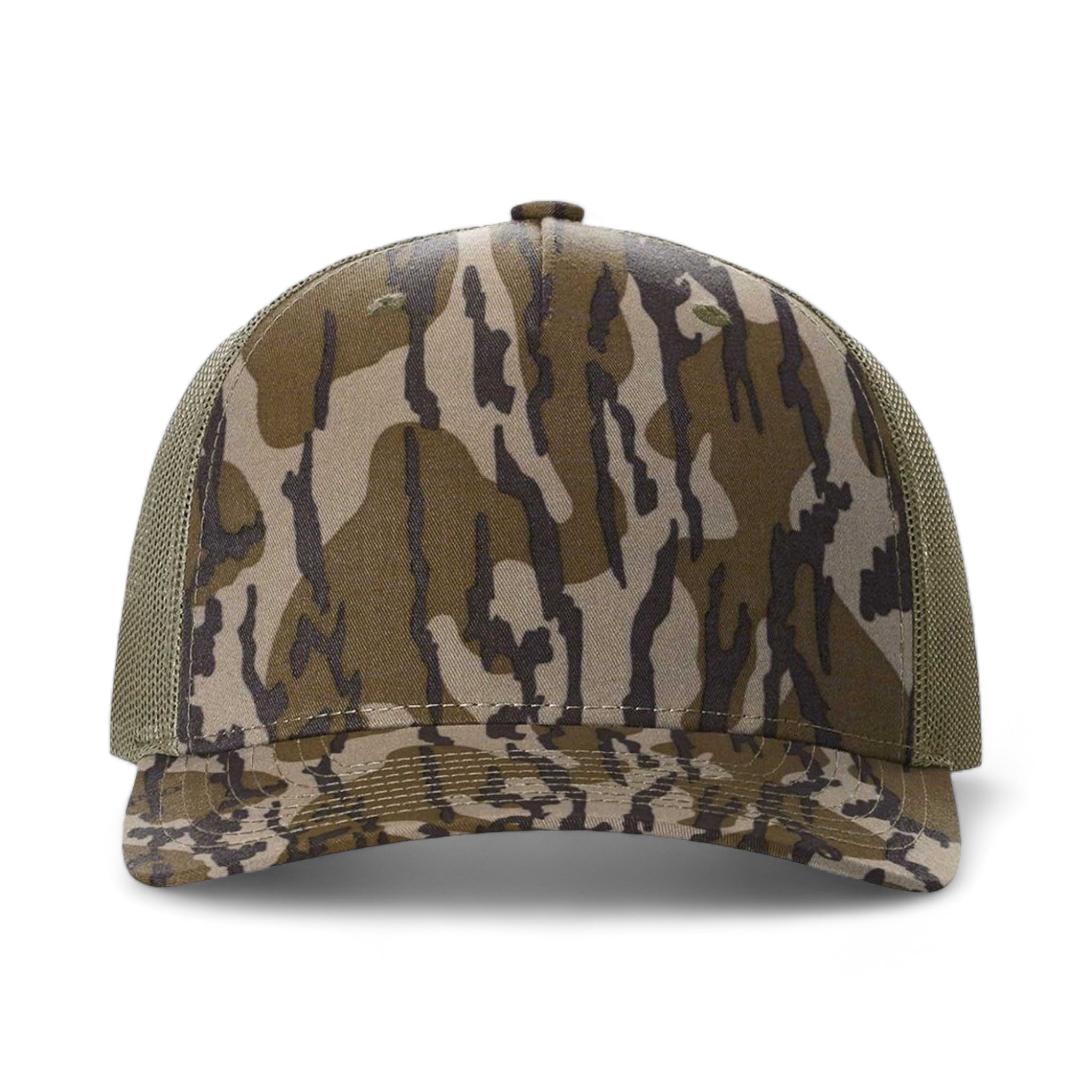 Front view of Richardson 112PFP custom hat in mossy oak bottomland and loden
