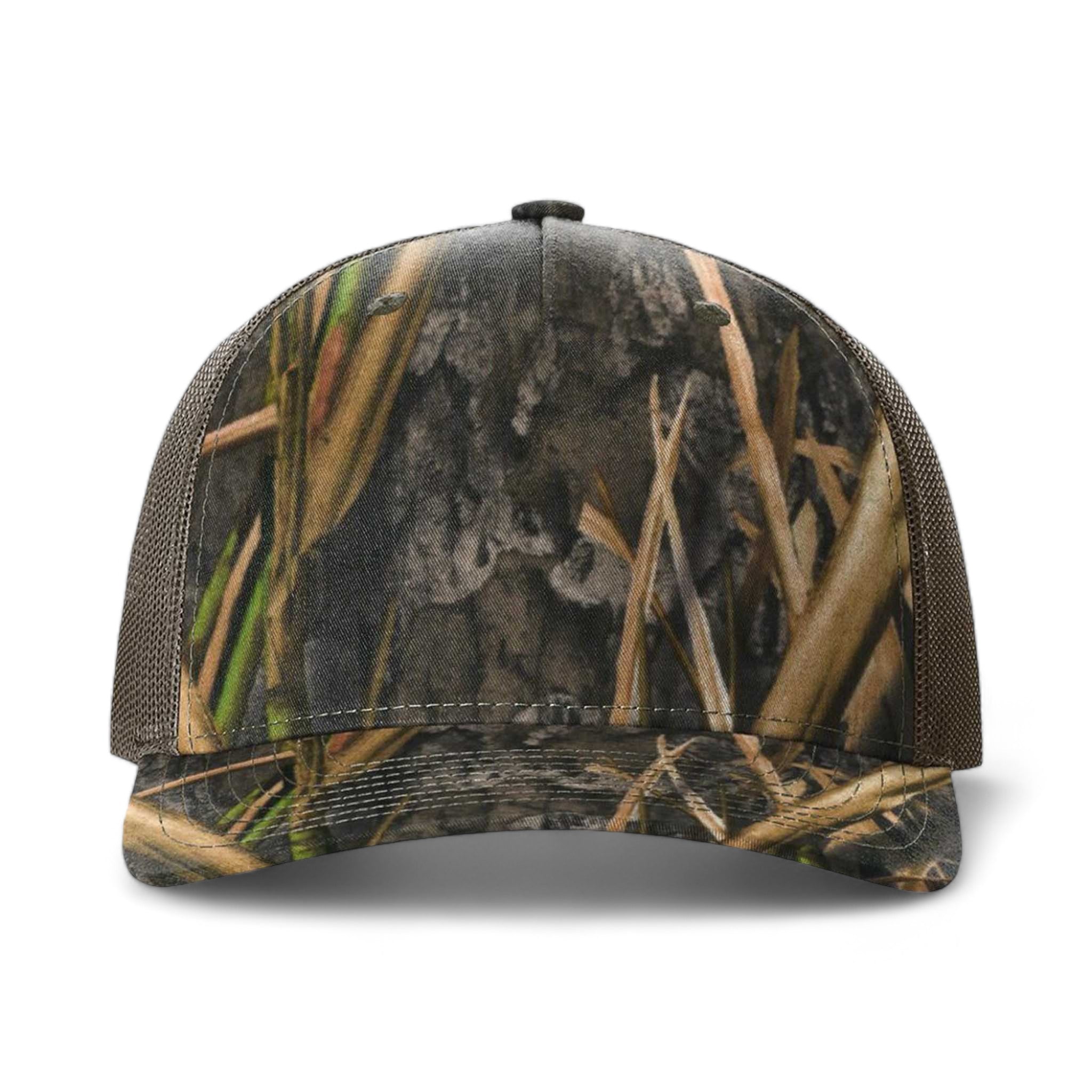 Front view of Richardson 112PFP custom hat in mossy oak habitat and brown