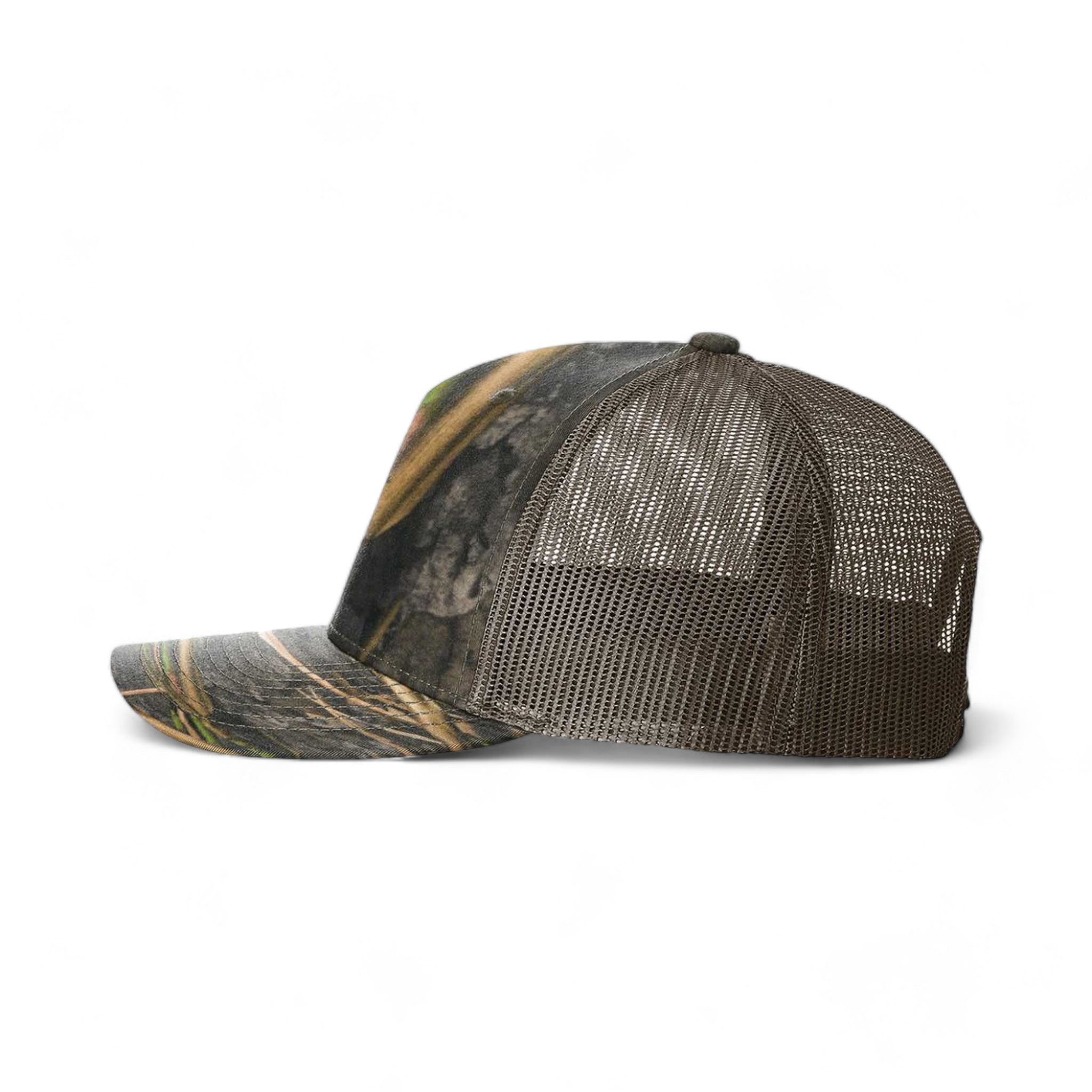 Side view of Richardson 112PFP custom hat in mossy oak habitat and brown