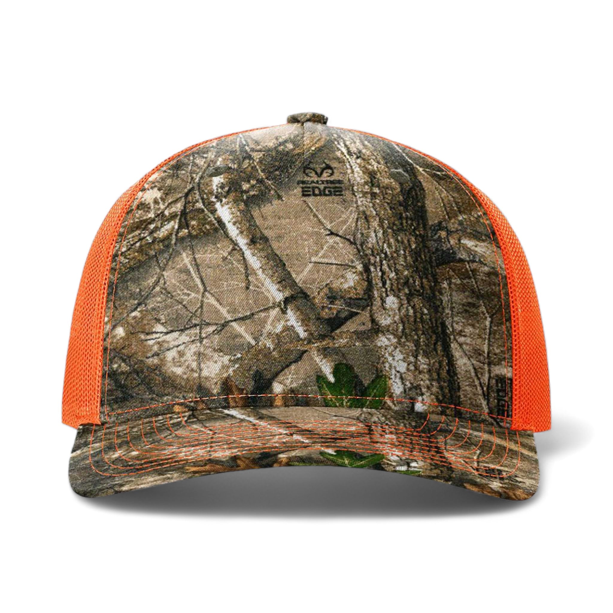 Front view of Richardson 112PFP custom hat in realtree edge and neon orange