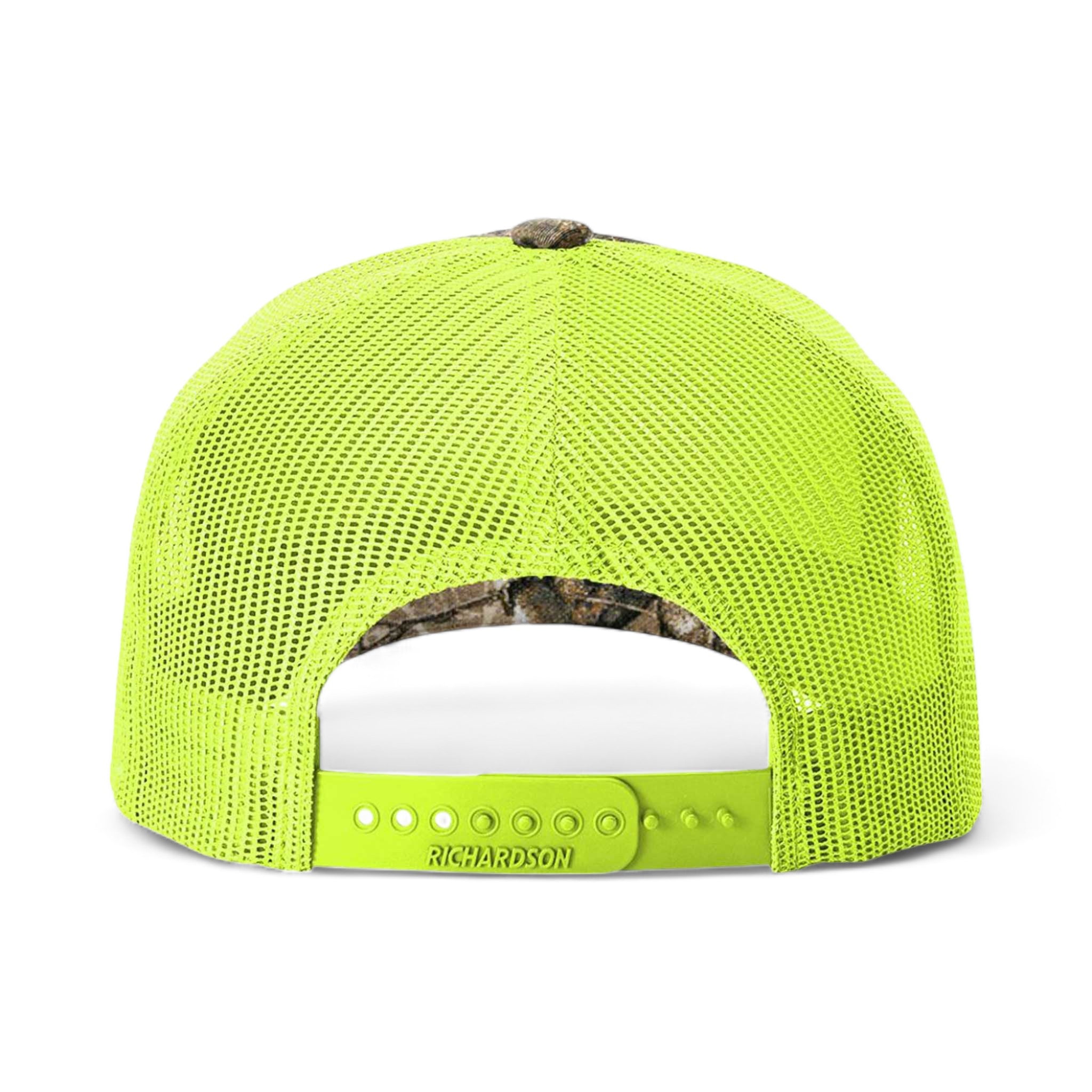 Back view of Richardson 112PFP custom hat in realtree edge and neon yellow