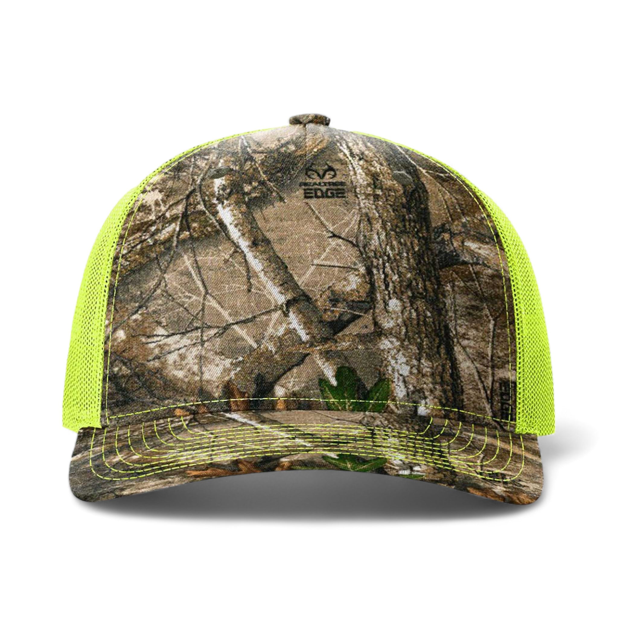 Front view of Richardson 112PFP custom hat in realtree edge and neon yellow