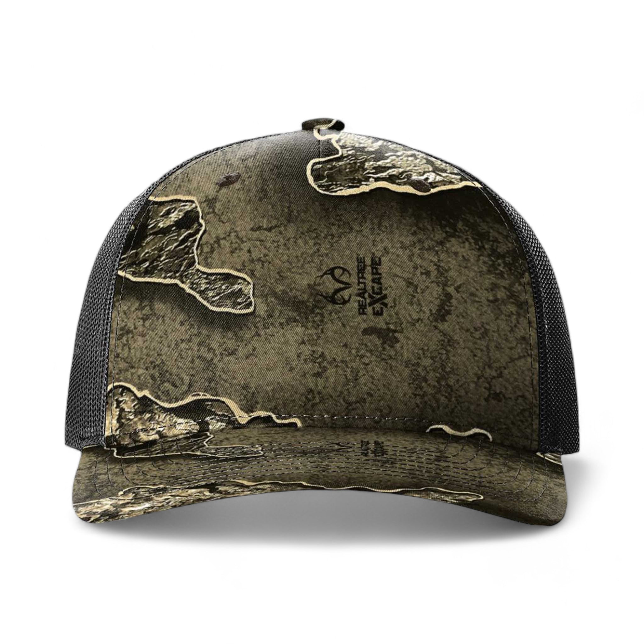 Front view of Richardson 112PFP custom hat in realtree escape and black