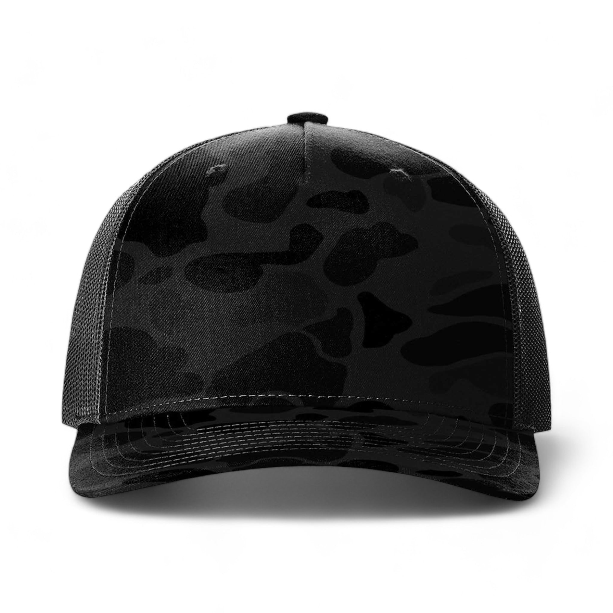 Front view of Richardson 112PFP custom hat in sable duck camo and black