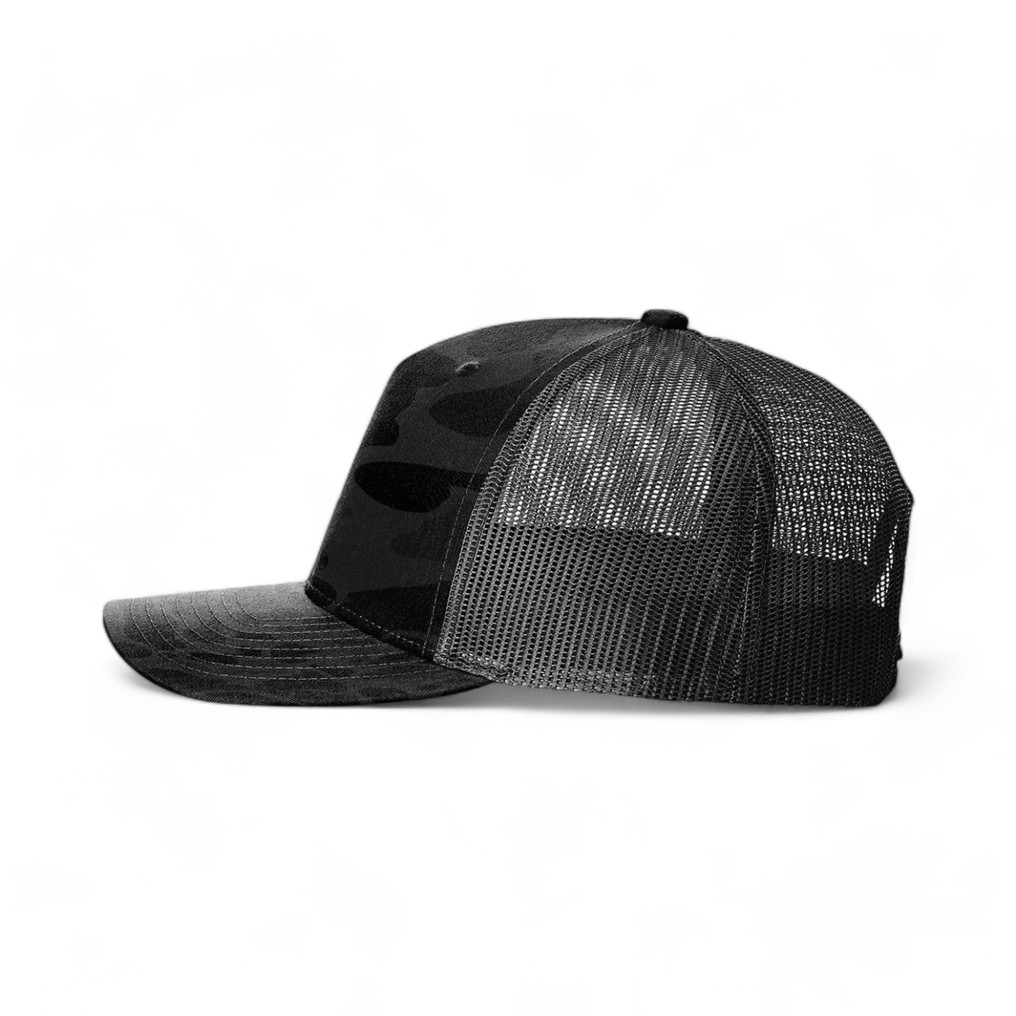 Side view of Richardson 112PFP custom hat in sable duck camo and black