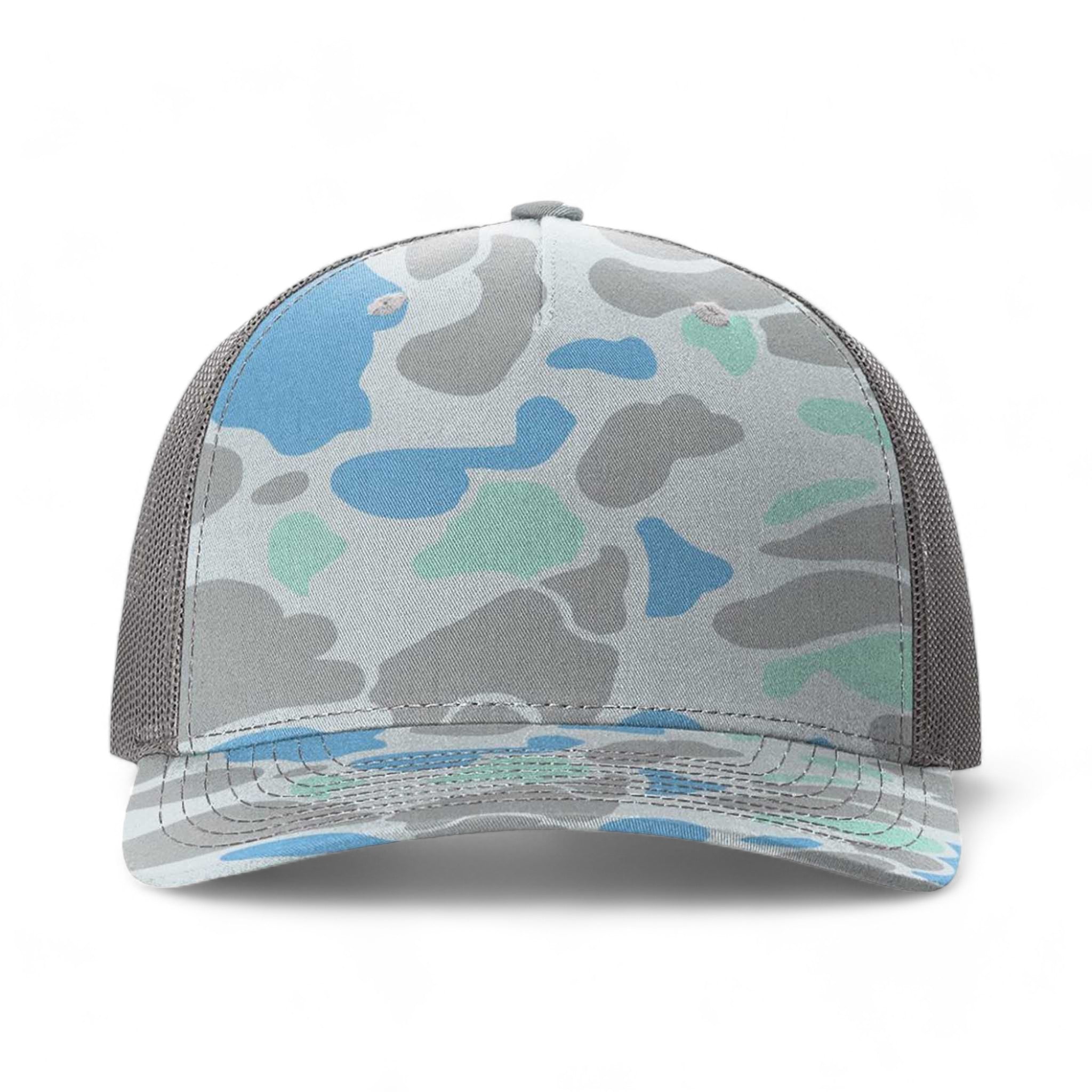 Front view of Richardson 112PFP custom hat in saltwater duck camo and charcoal