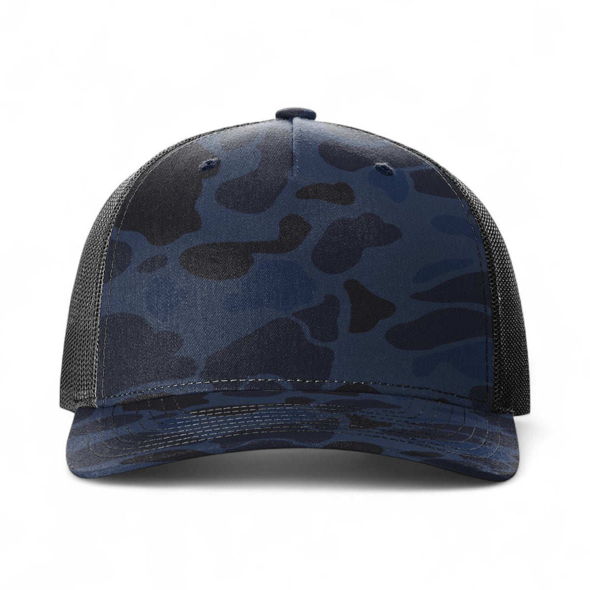 Front view of Richardson 112PFP custom hat in admiral duck camo and black
