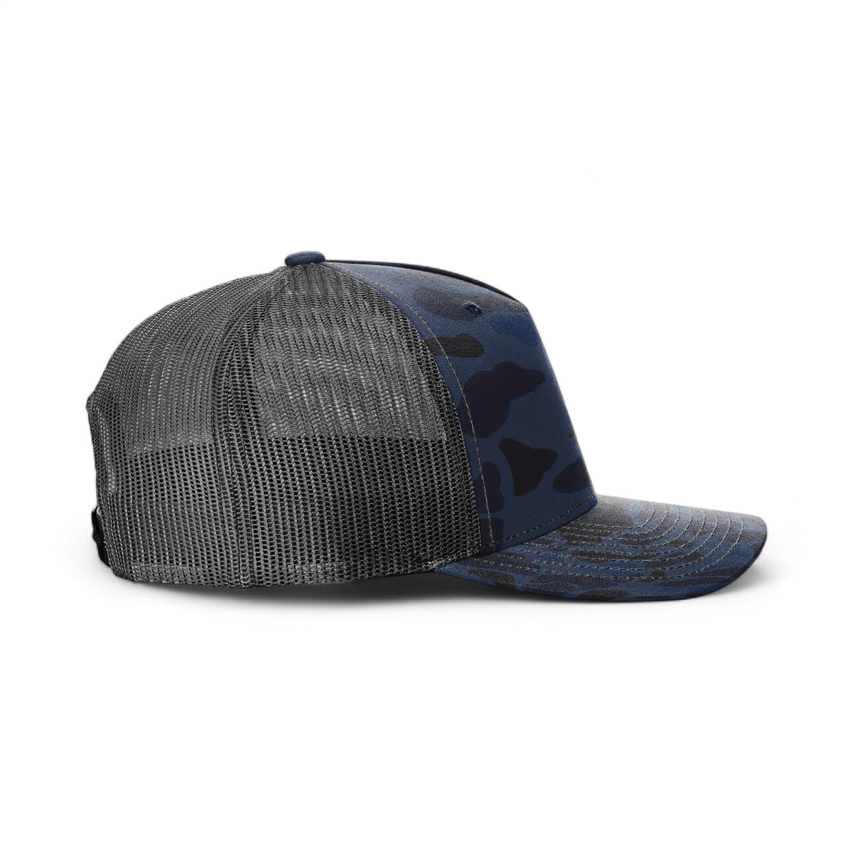 Right side view of Richardson 112PFP custom hat in admiral duck camo and black