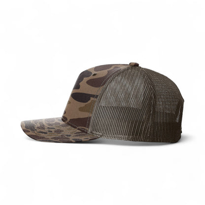 Left side view of Richardson 112PFP custom hat in bark duck camo and brown