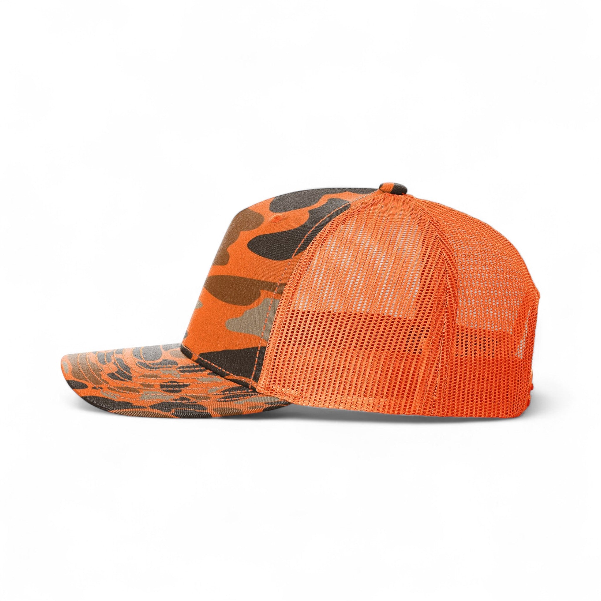 Left side view of Richardson 112PFP custom hat in blaze duck camo and blaze