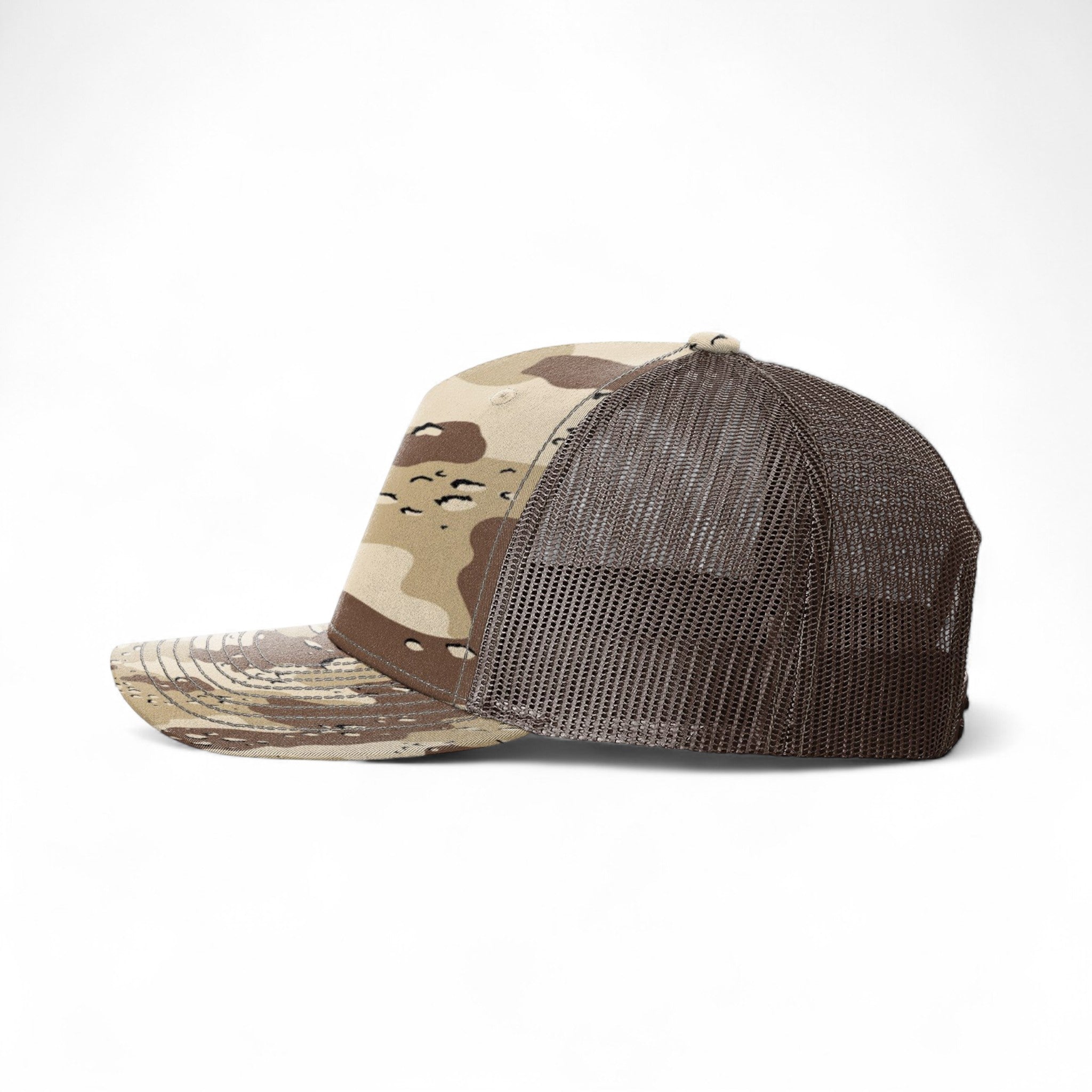 Left side view of Richardson 112PFP custom hat in desert camo and brown
