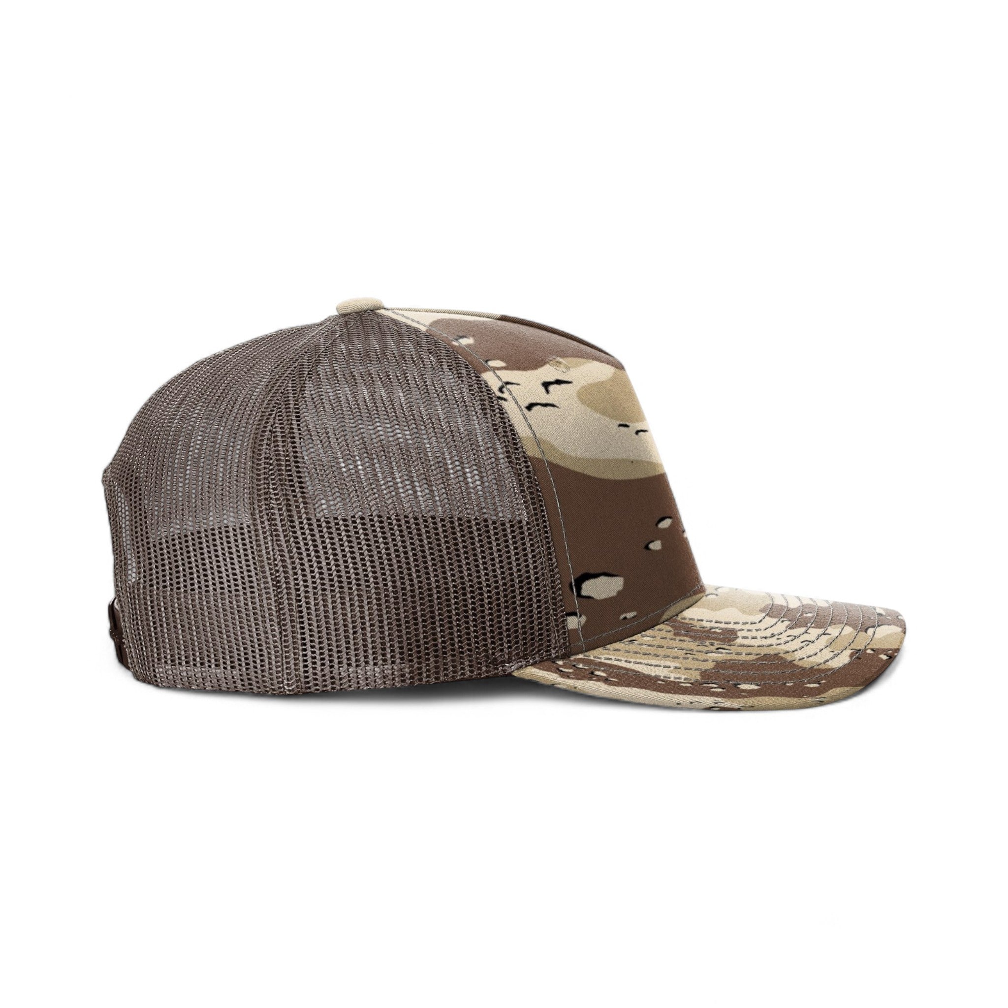 Right side view of Richardson 112PFP custom hat in desert camo and brown