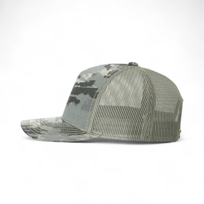 Left side view of Richardson 112PFP custom hat in digital camo and light green