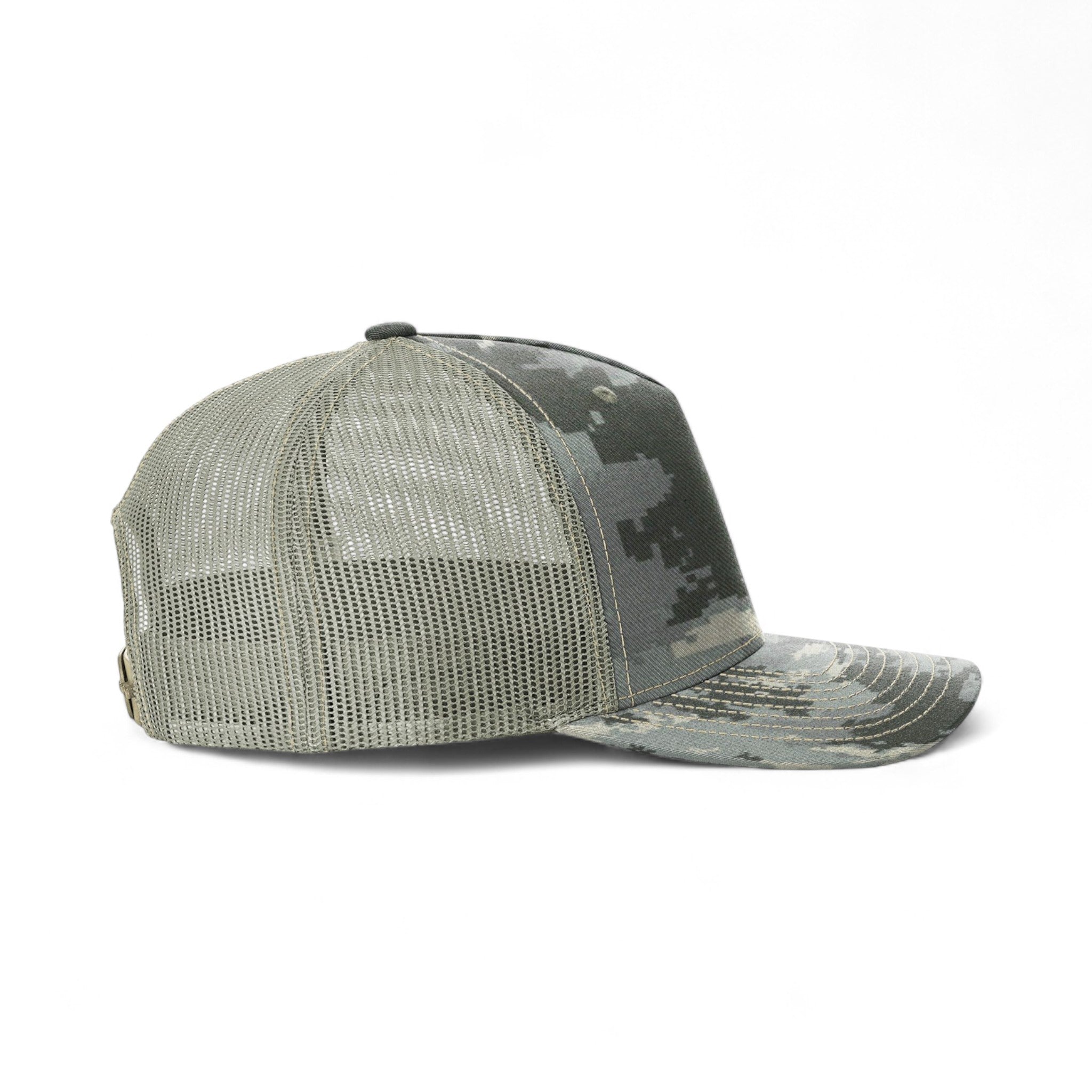 Right side view of Richardson 112PFP custom hat in digital camo and light green