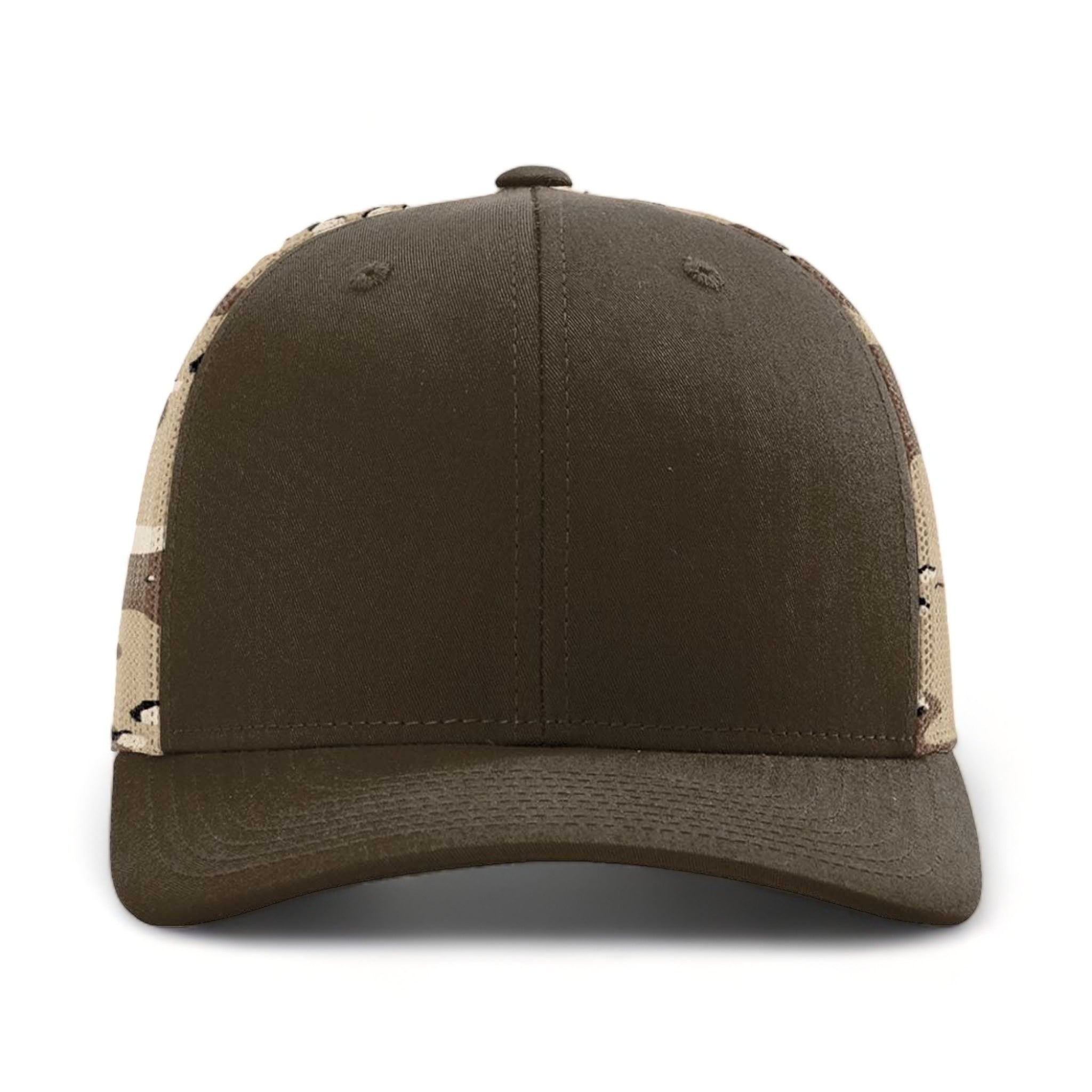 Front view of Richardson 112PM custom hat in brown and desert camo