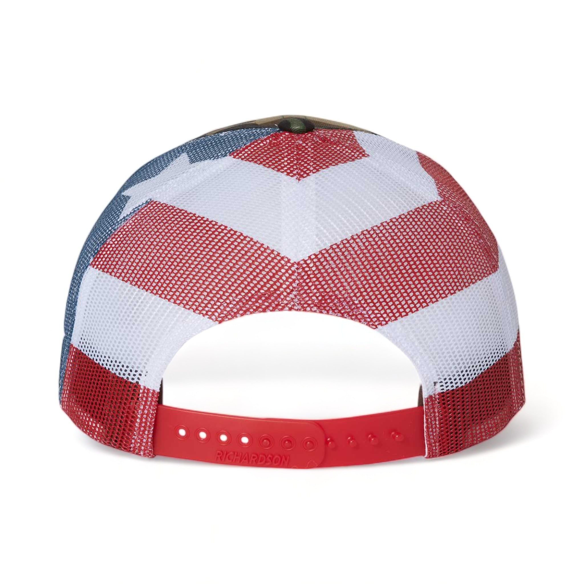 Back view of Richardson 112PM custom hat in green camo and stars & stripes