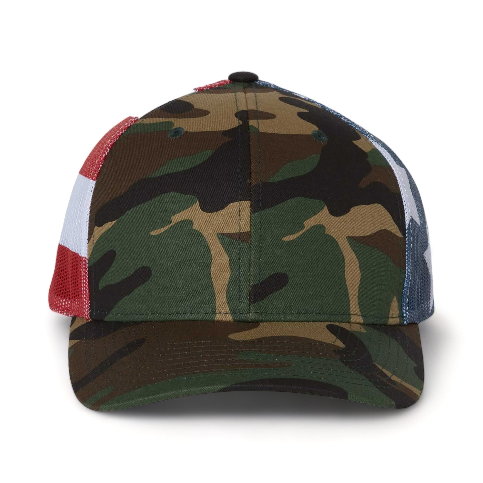 Front view of Richardson 112PM custom hat in green camo and stars & stripes