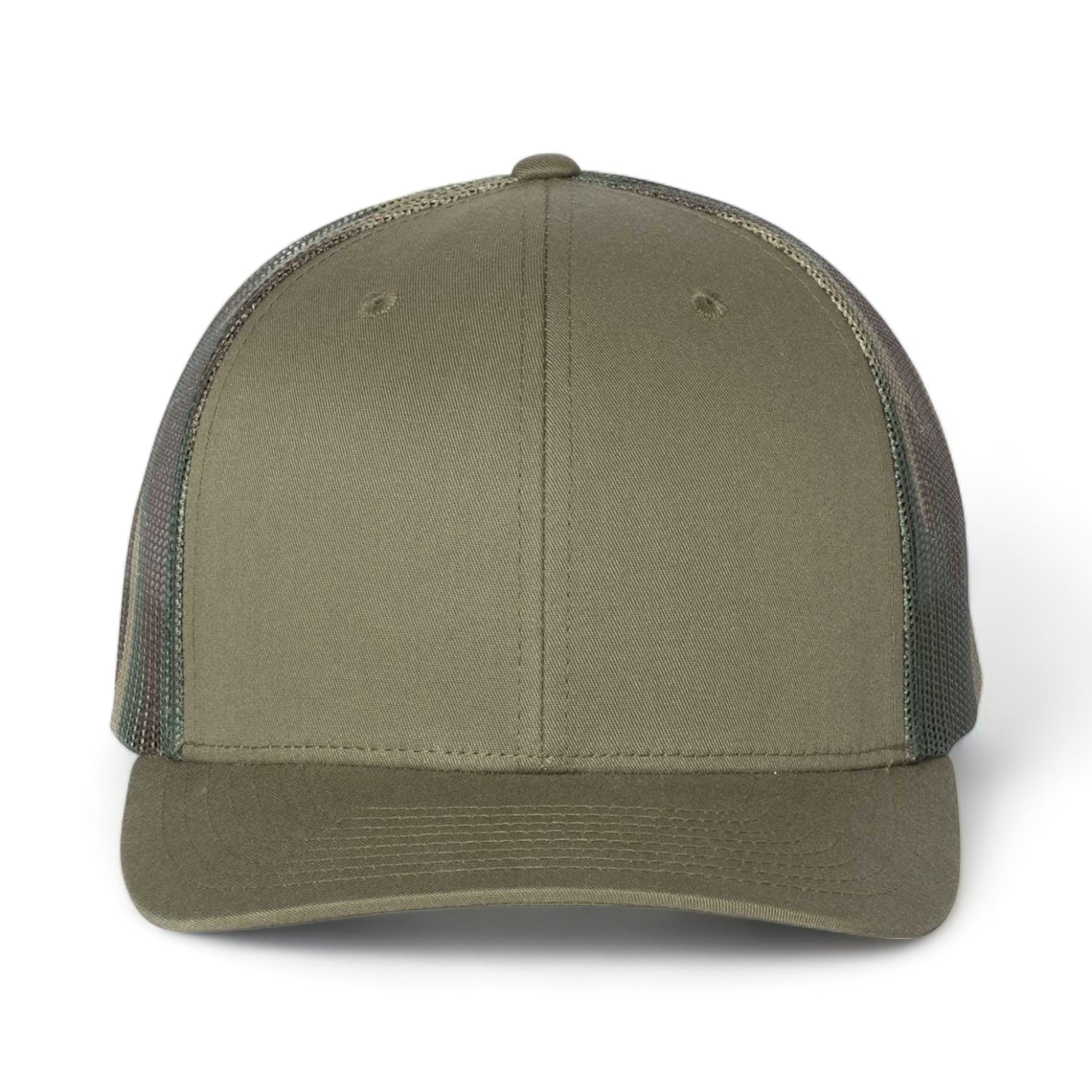Front view of Richardson 112PM custom hat in loden and green camo