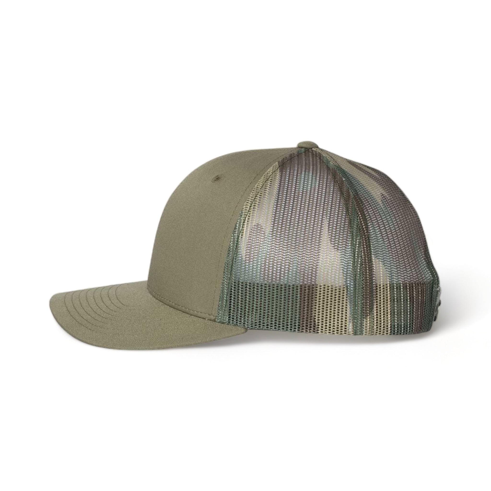 Side view of Richardson 112PM custom hat in loden and green camo