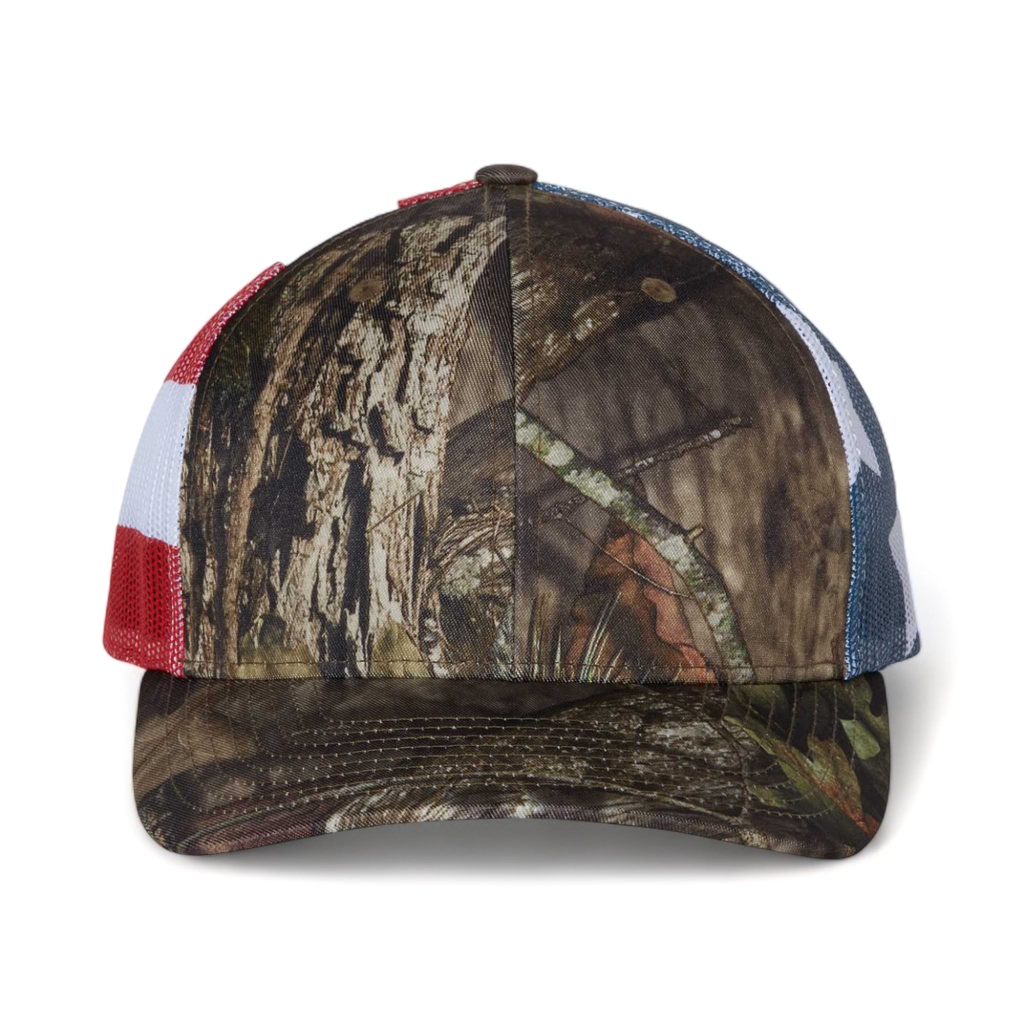 Front view of Richardson 112PM custom hat in mossy oak break-up country and stars & stripes