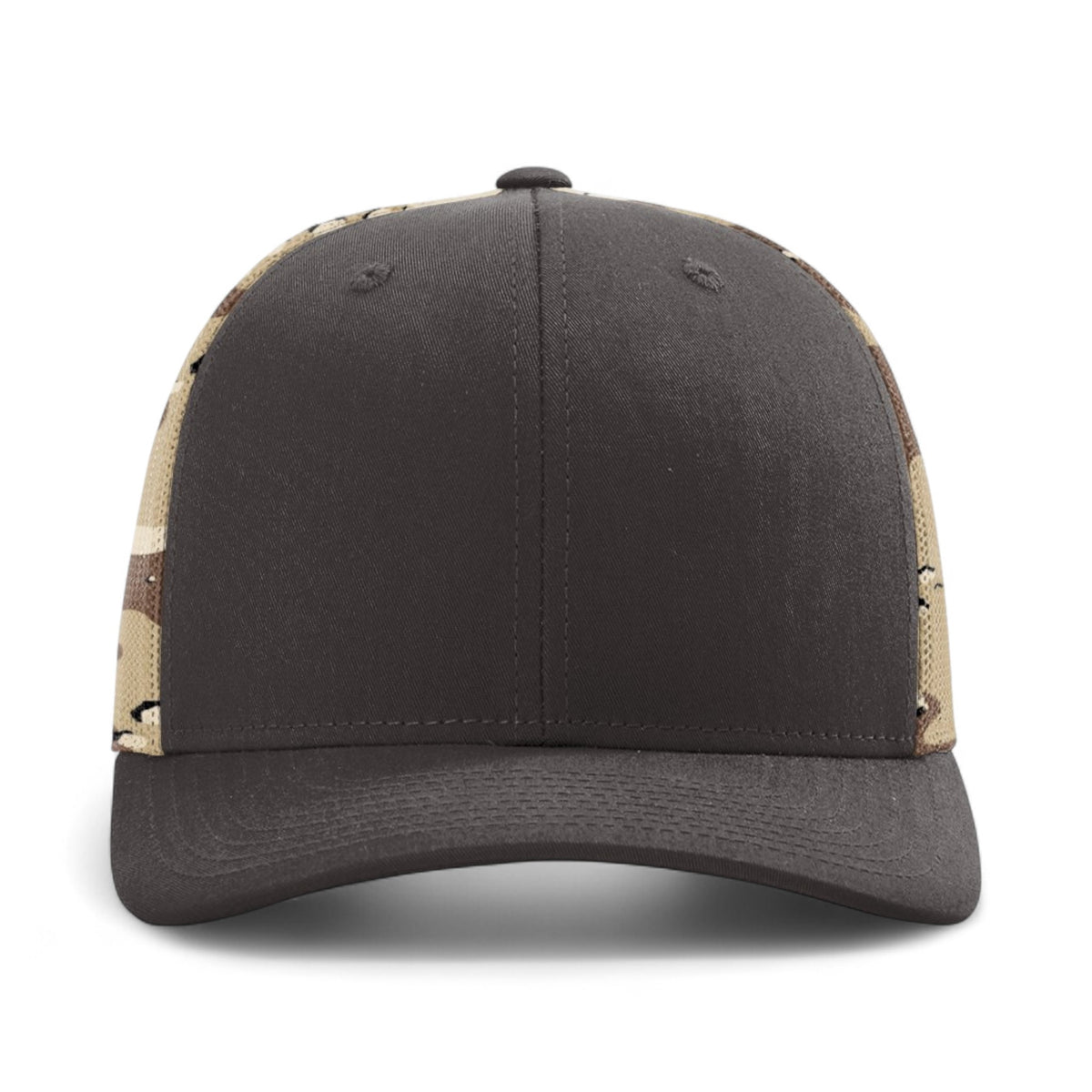 Front view of Richardson 112PM custom hat in brown and desert camo