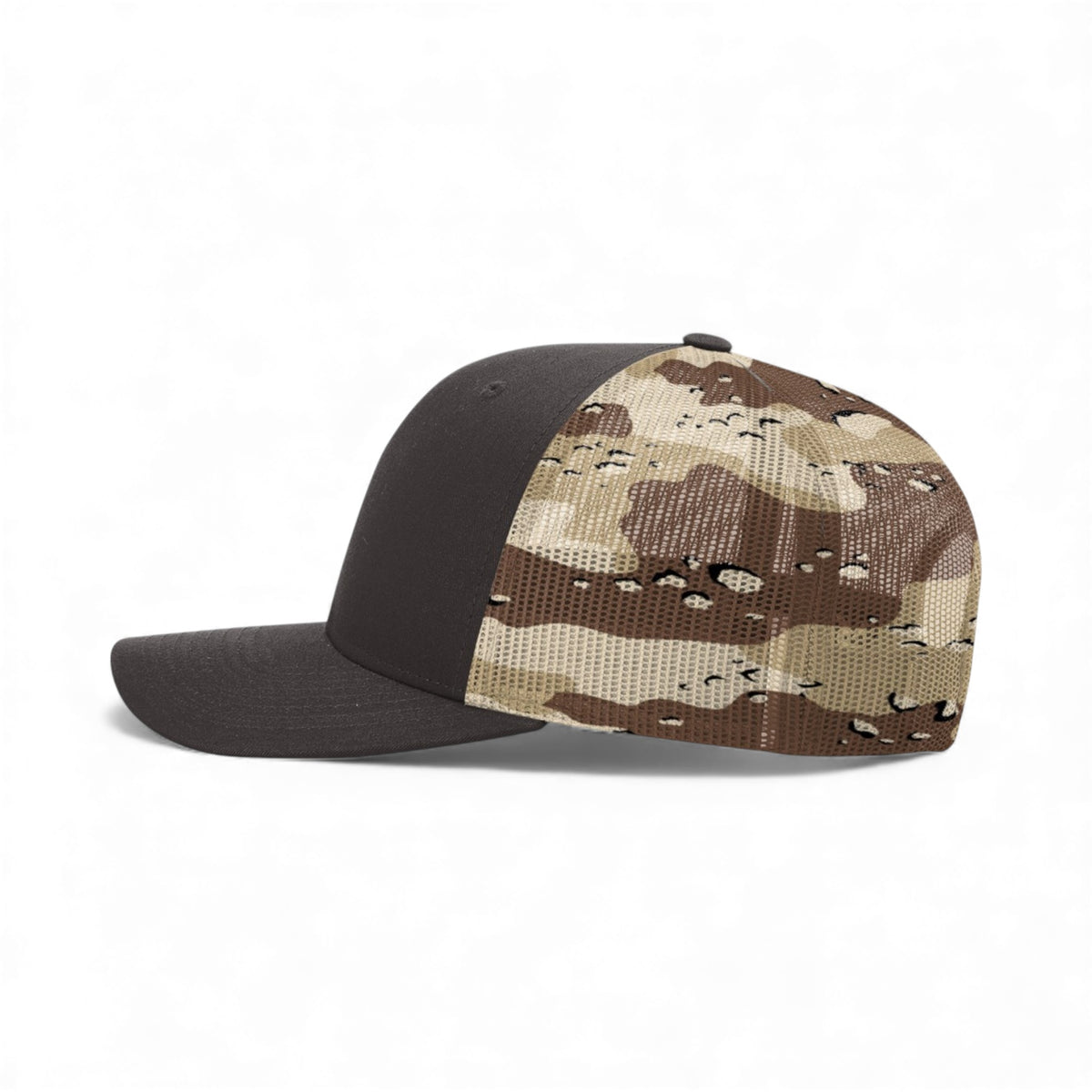 Left side view of Richardson 112PM custom hat in brown and desert camo